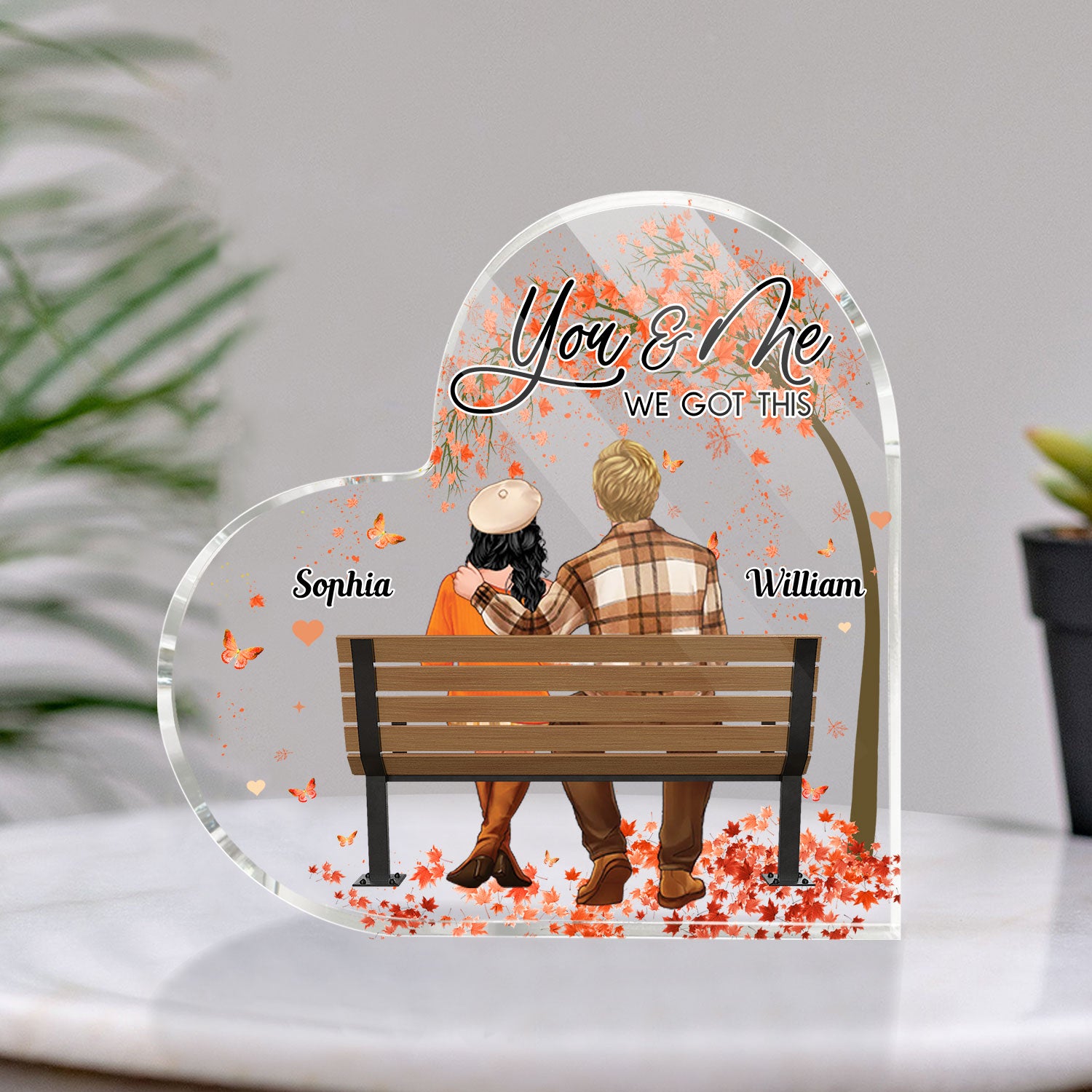 You And Me We Got This, Back View Couple Sitting - Custom Appearance  And Name - Personalized Heart Shaped Acrylic Plaque - Gift For Couple, Family
