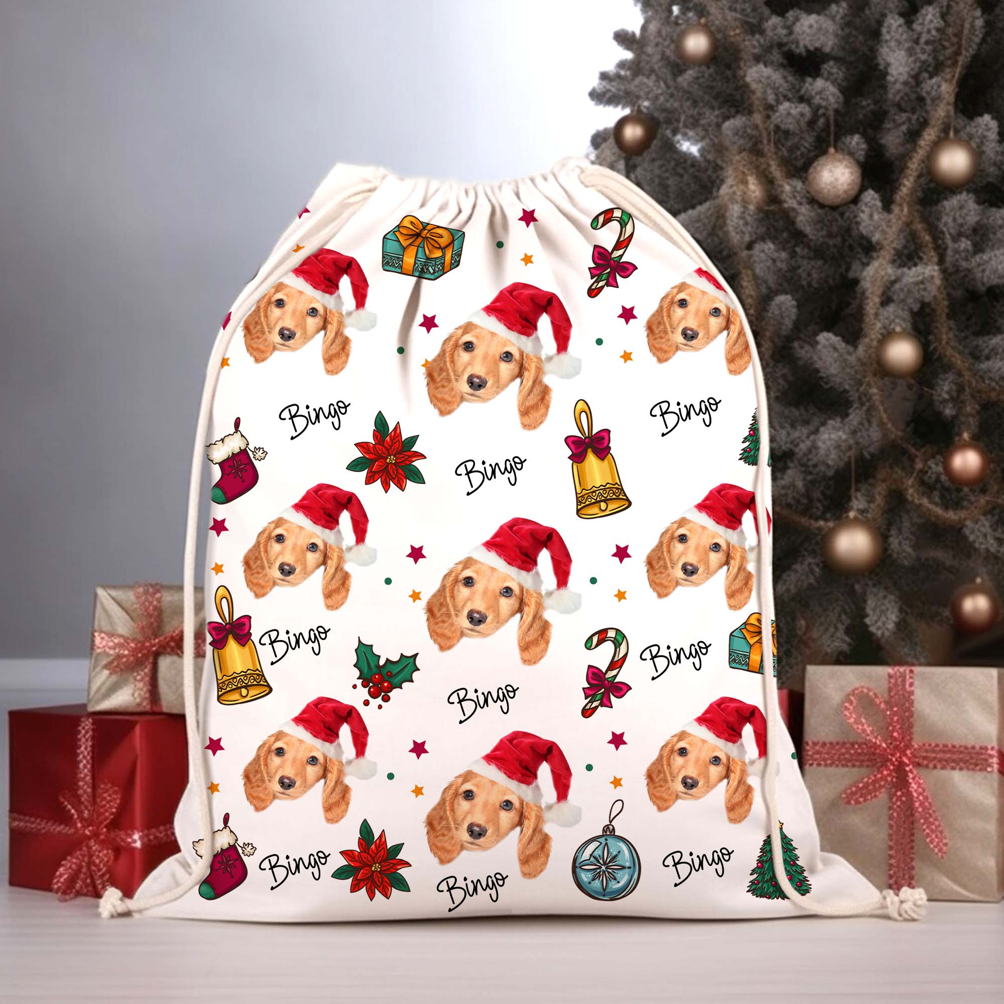 Christmas Special Gift For Pet Lover - Custom Photo And Name, Personalized String Bag, Gift For Pet Lover, Christmas Gift