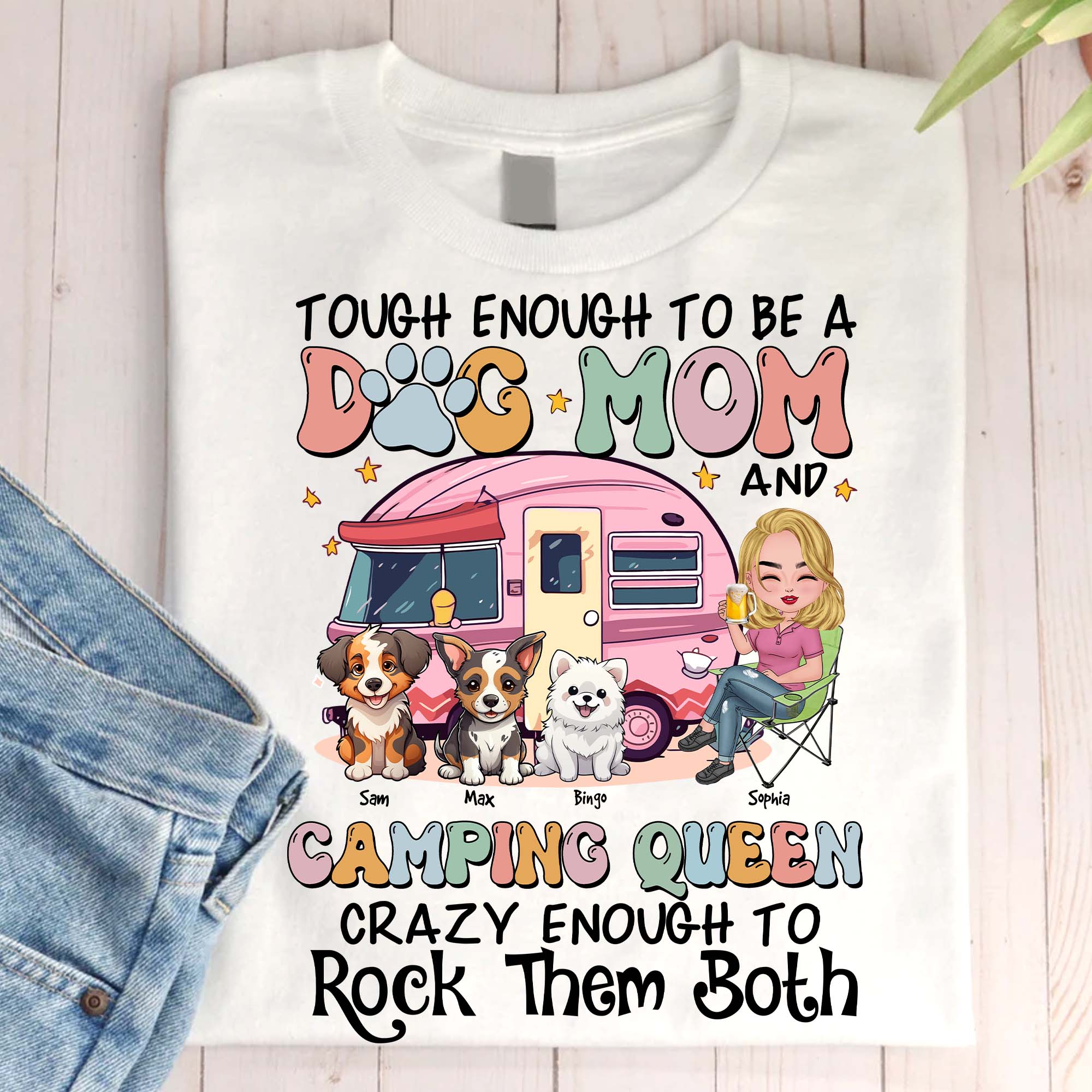 Dog Mom Camping Queen- Custom Appearances And Names - Personalized T-Shirt - Gift For Camping, Gift For Pet Lover