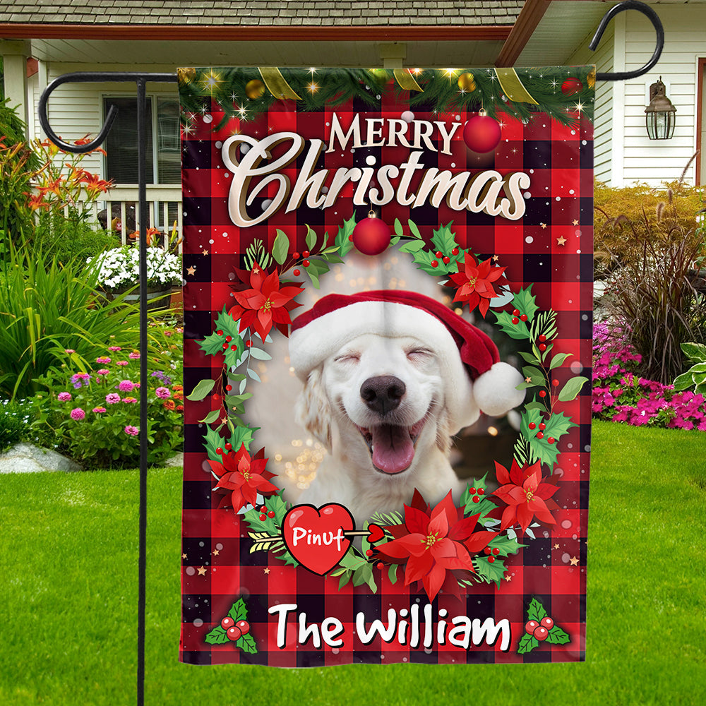 Merry Christmas- Custom Pet Photo, Name And Family Name Flag - Christmas Gift, Gift For Pet Lovers