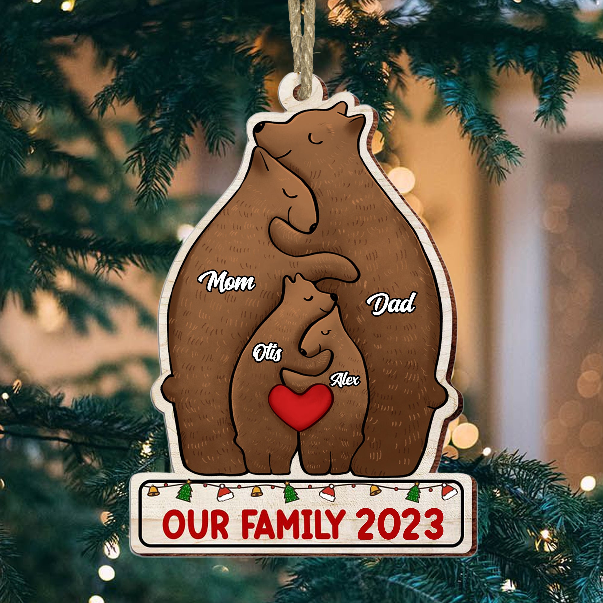 Christmas Bear Family, Custom Name - Personalized Custom Shaped Wooden Ornament - Gift For Family, Christmas Gift