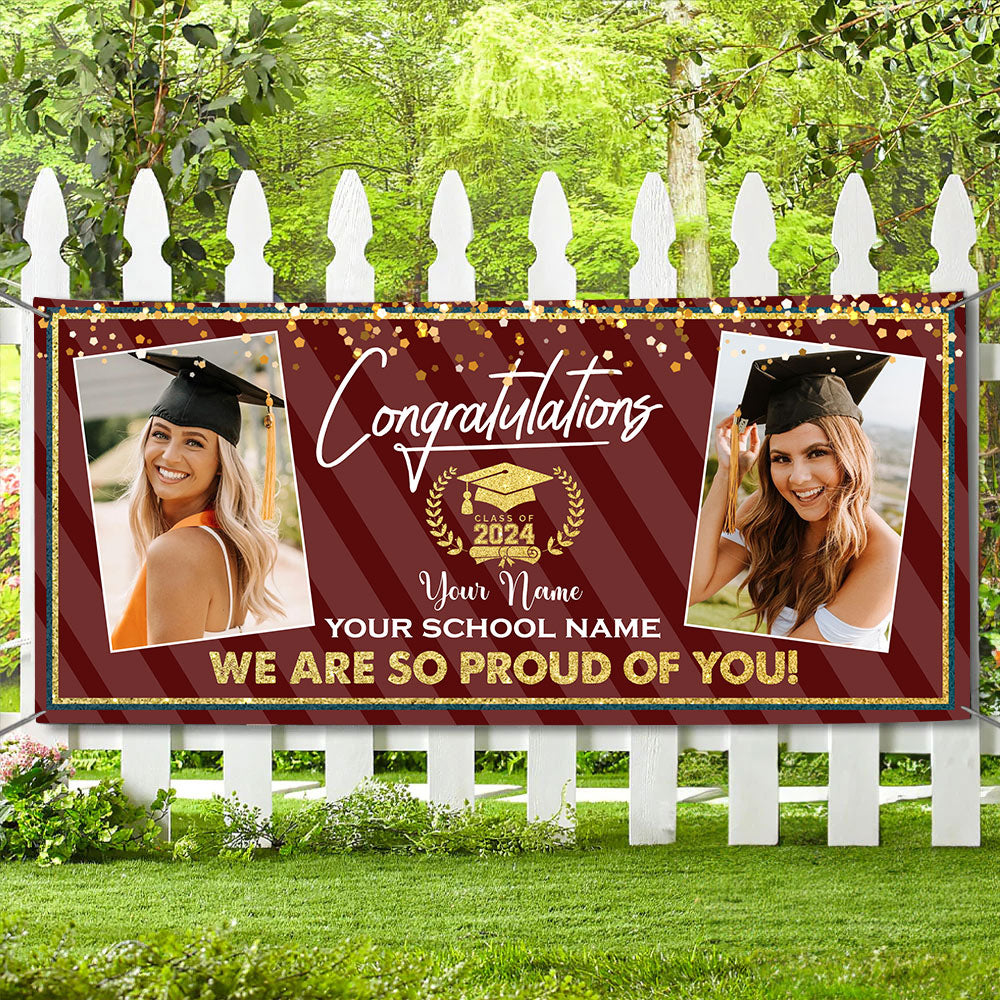Congrats Class Of 2024- Personalized 2 Photos And Texts Graduated Banner - Decoration Gifts