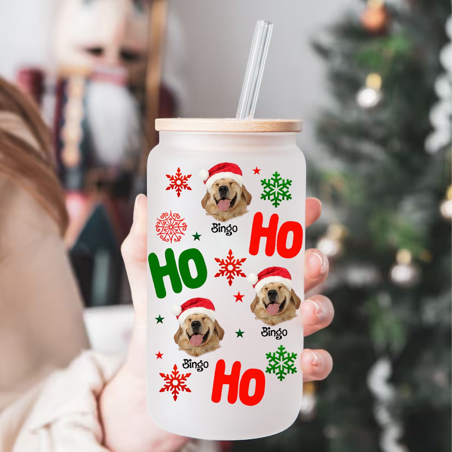 Hohoho Christmas Custom Decor  - Customization Glass Bottle, Frosted Bottle, Gift For Family, Gift For Pet Lover, Christmas Gift