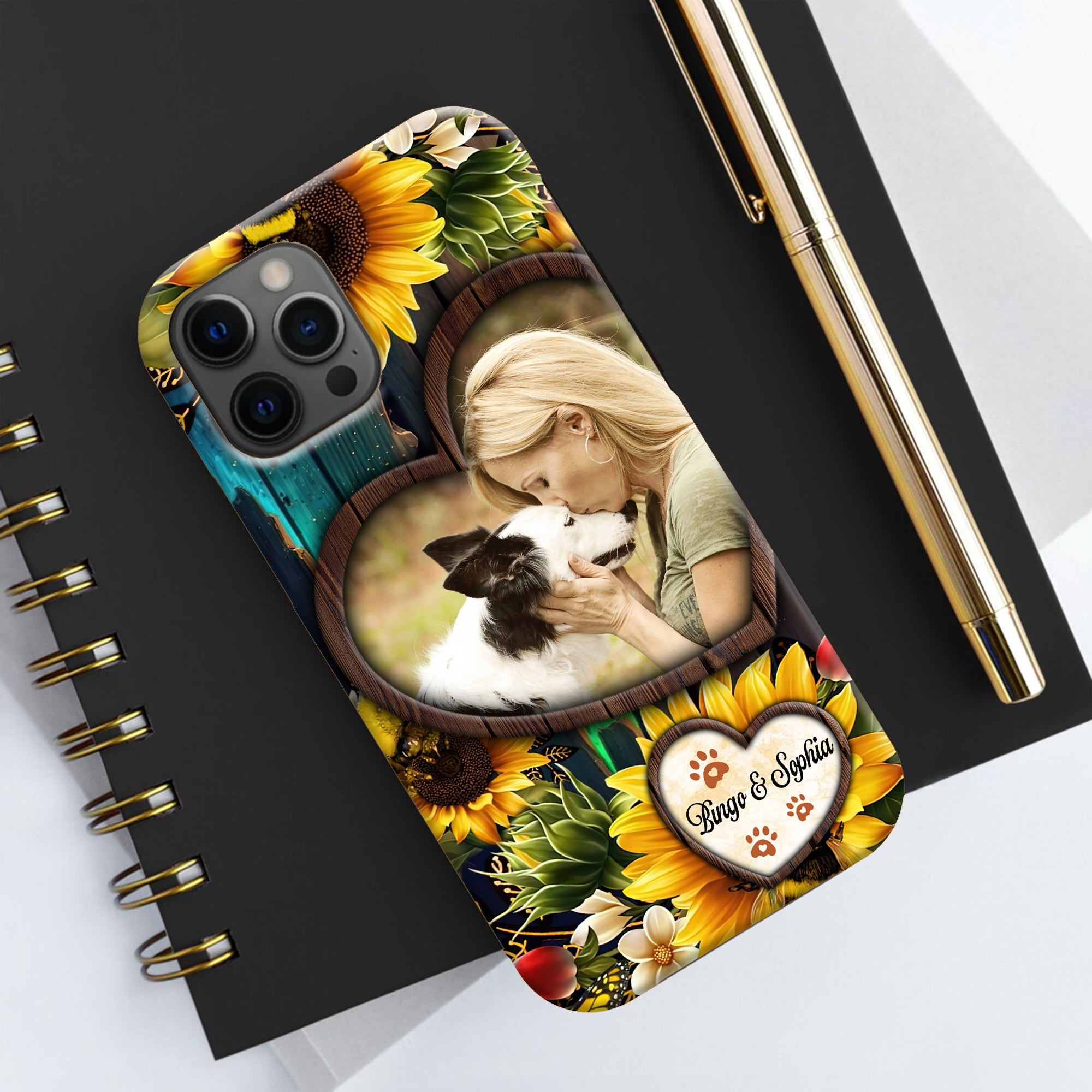 Sunflower Heart And Paw - Custom Photo And Name - Personalized Phone Case, Family Gift, Gift For Pet Lover