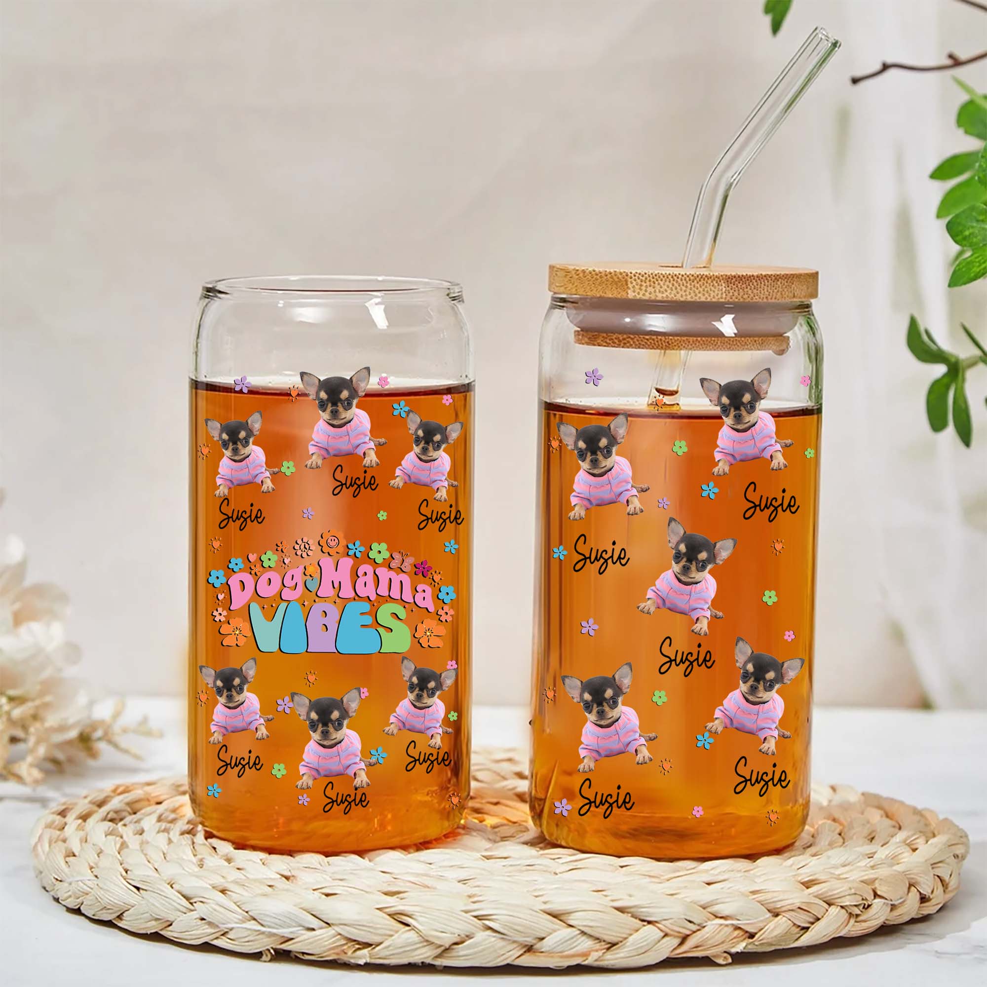Dog Mama Vibes - Custom Photo And Name - Personalized Glass Bottle, Frosted Bottle, Gift For Dog Lovers