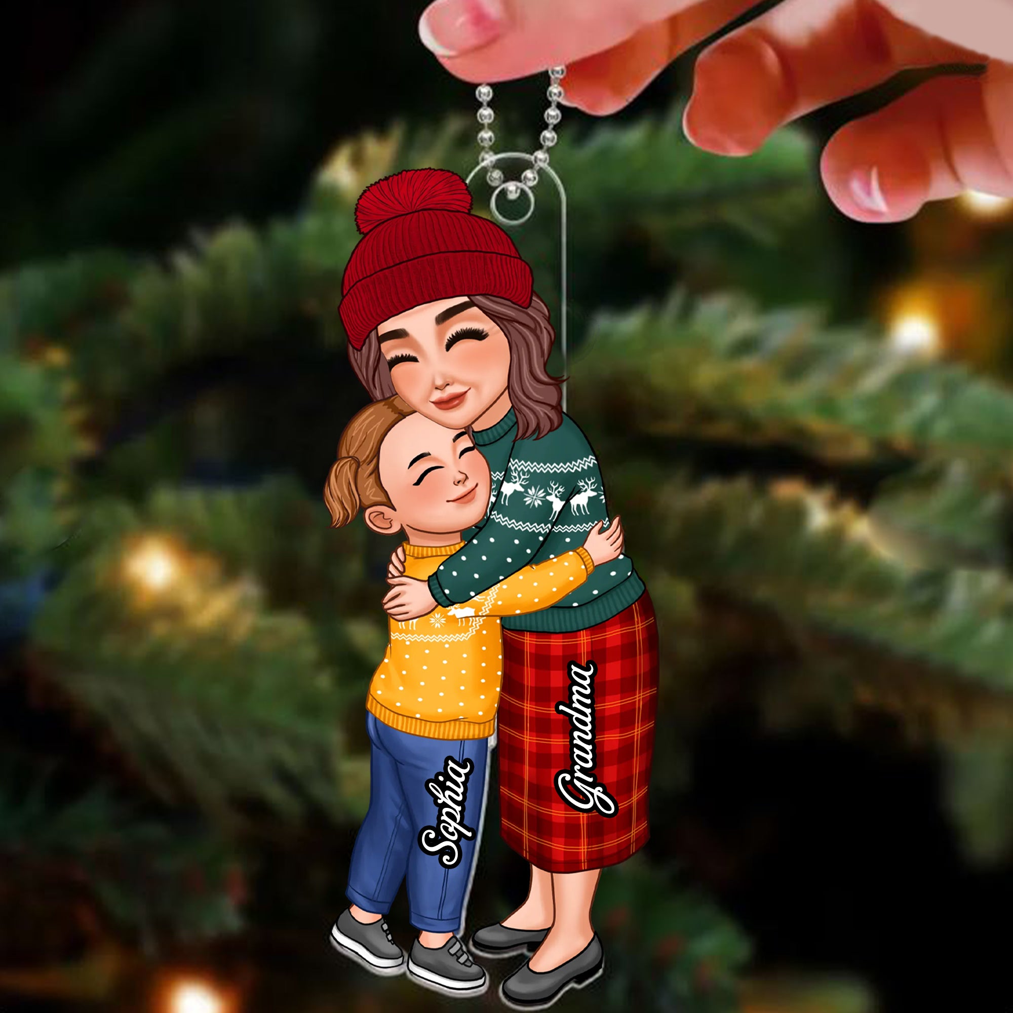 Grandma And Kid Hugging, Christmas Decor - Personalized Acrylic Ornament - Gift For Family