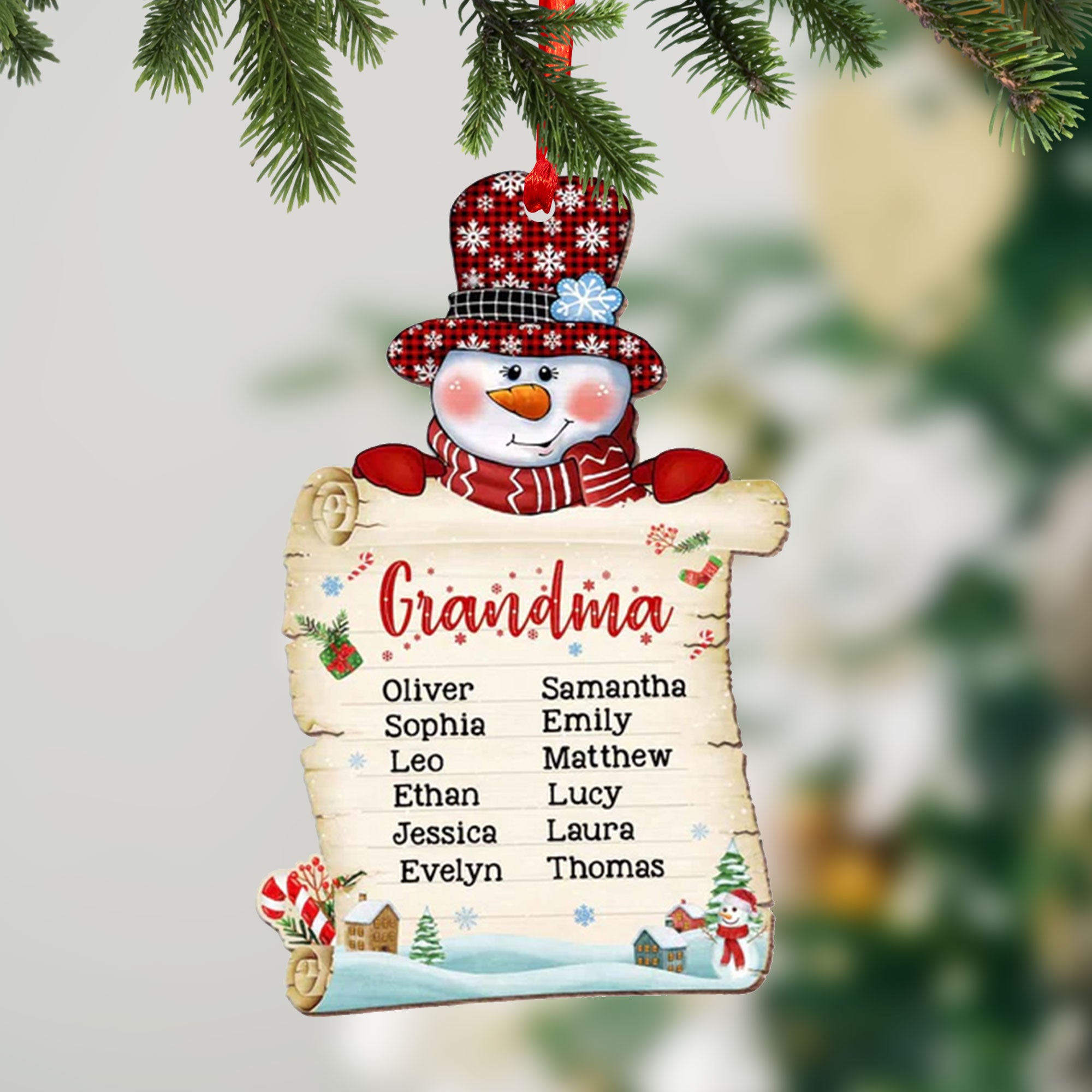 Gift For Grandma Snowman Christmas, Custom Names - Personalized Custom Shaped Wooden Ornament - Gift For Family