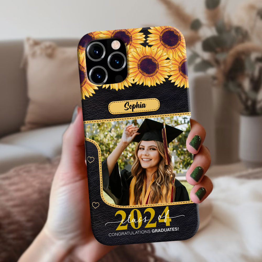 Congratulation Graduated, Sunflowers Custom Photo And Name Graduation Phone Case - Personalized Phone Case, Graduation Gift