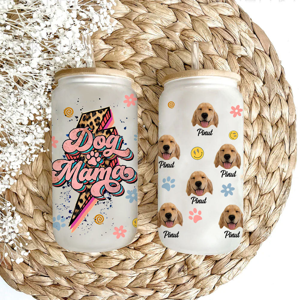 Dog Mama - Custom Photo And Name - Personalized Cutie Puppy Glass Bottle, Frosted Bottle, Gift For Pet Lovers