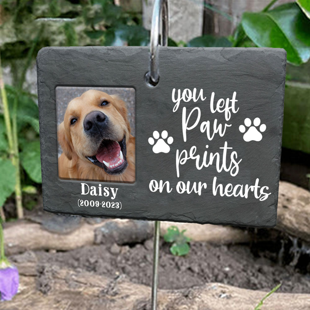 Pet Memorial - You Left Paw Prints On Our Hearts - Personalized Garden Slate And Hook - Pet Lovers
