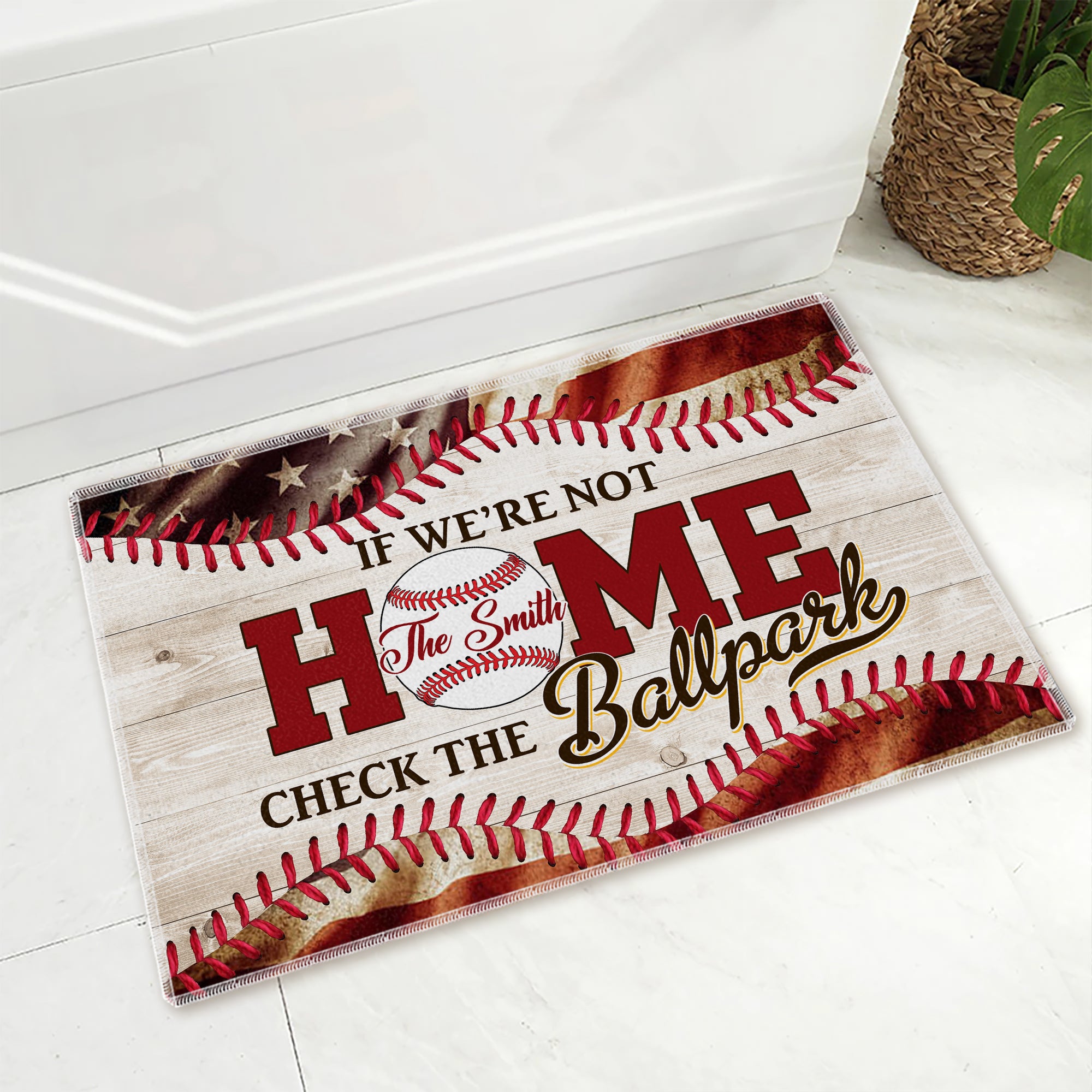 If We Are Not Home - Check The Ballpark, Personalized Baseball Doormat, Home Decor For Baseball Lovers