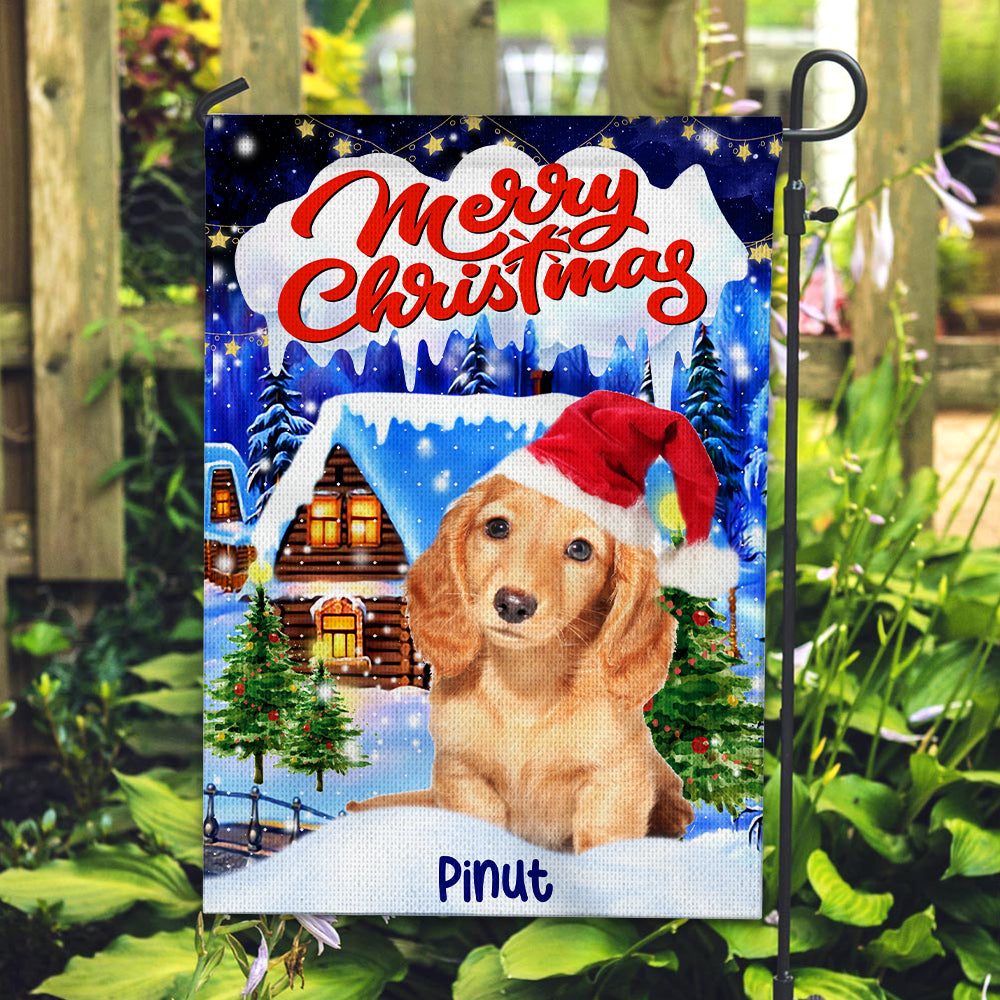 Merry Christmas Pet And Snow House - Custom Pet Photo And Name Flag - Christmas Gift, Gift For Pet Lovers