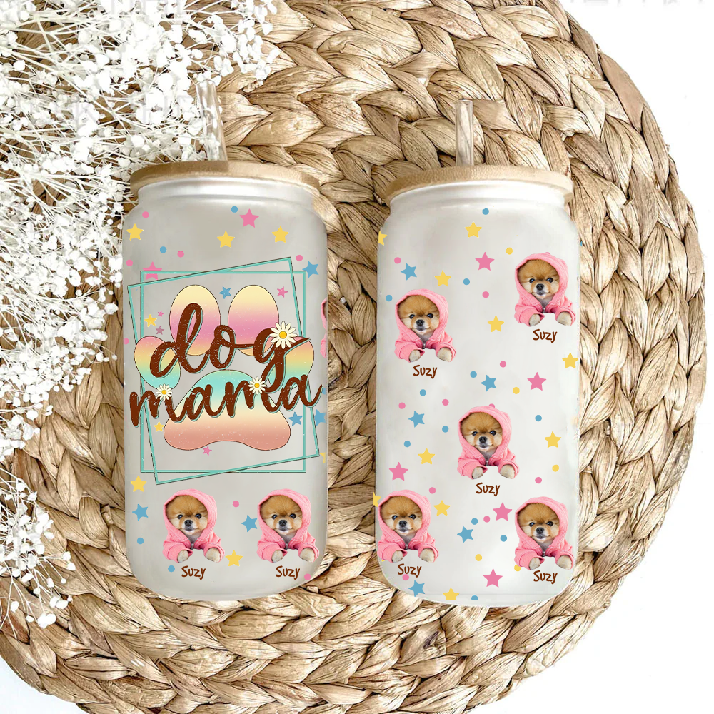 Dog Mama - Custom Photo And Name - Personalized Glass Bottle, Frosted Bottle - Gift For Dog Lovers