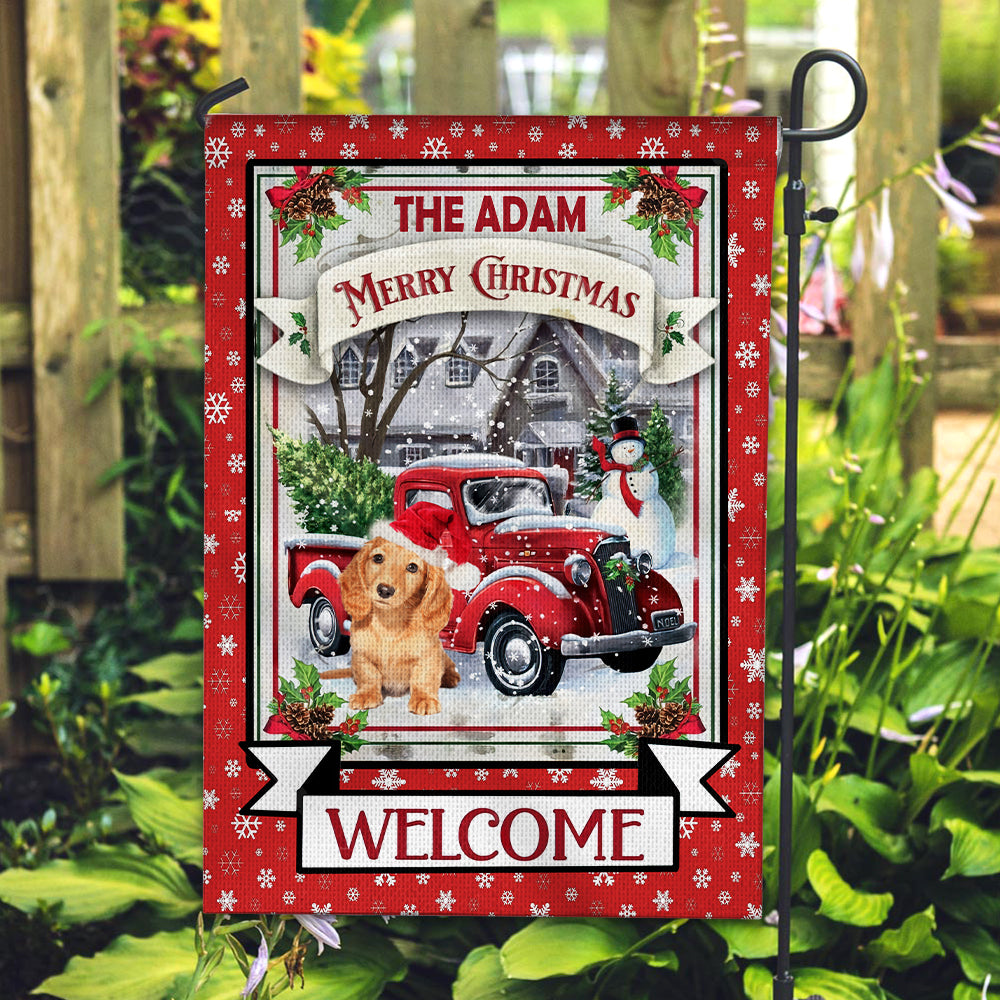 Merry Christmas Pet With Red Car - Custom Pet Photo And Name Flag - Christmas Gift, Gift For Pet Lovers