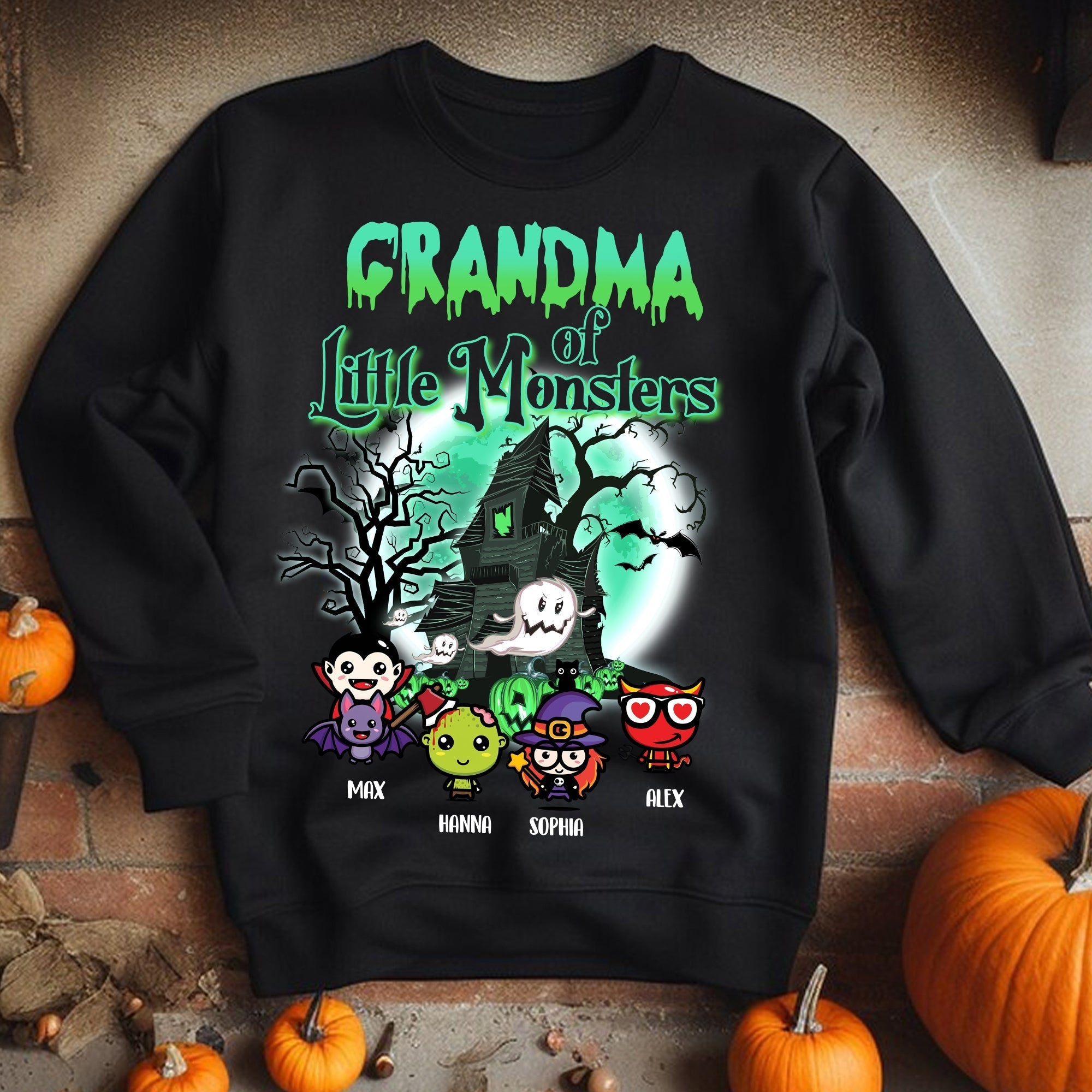 Grandma Of Little Monsters - Custom Characters And Name - Personalized Sweatshirt - Halloween Family Gift