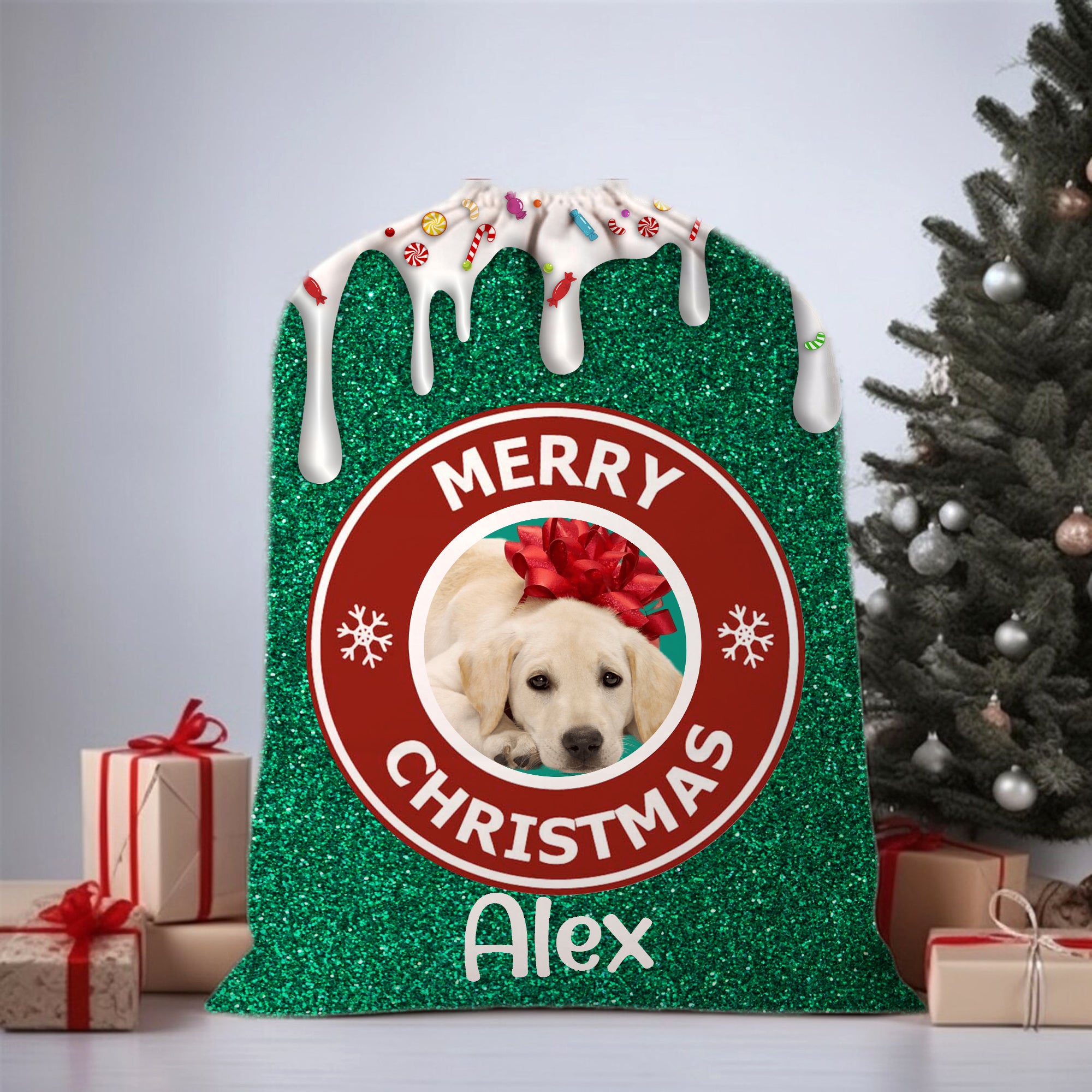 Merry Christmas - Custom Photo And Name, Personalized String Bag, Gift For Pet Lover, Christmas Gift