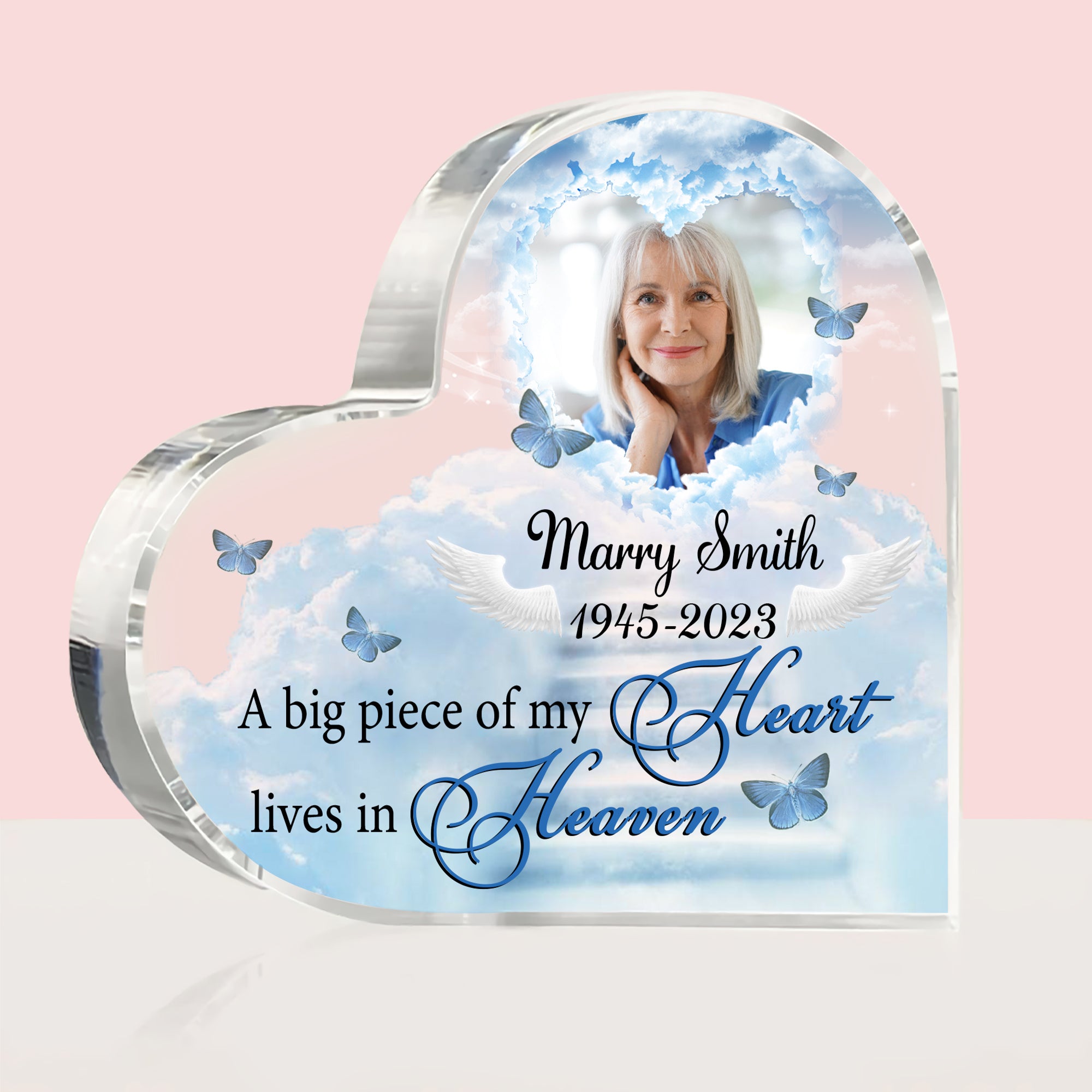 A Big Piece Of My Heart Lives In Heaven - Custom Photo And Name - Personalized Heart Shaped Acrylic Plaque - Gift For Family