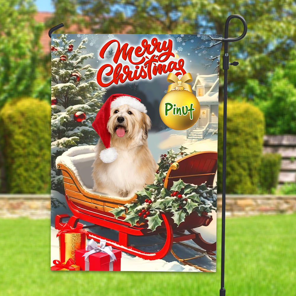 Merry Christmas On Santa's Sleigh - Custom Pet Photo And Name Flag - Christmas Gift, Gift For Pet Lovers