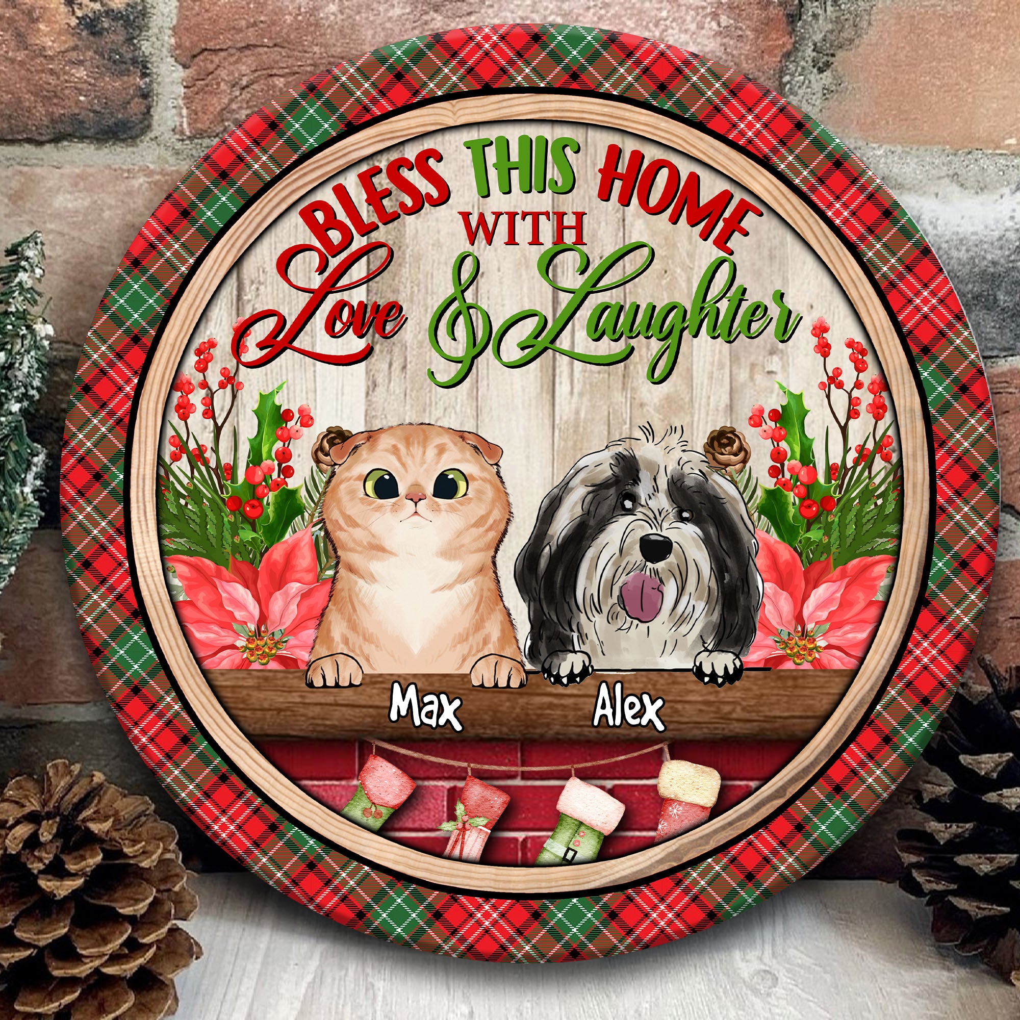 Bless This Home With Love and Laughter - Custom Pet And Name - Personalized Wooden Door Sign - Pet Lover Gift