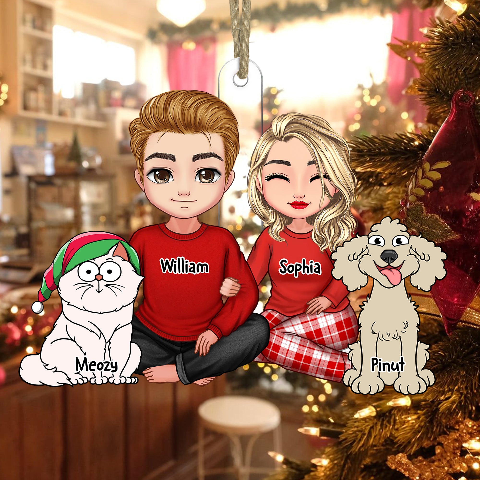 Couple Sitting With Christmas Pet, Custom Appearances And Names - Christmas Gift For Couple - Personalized Acrylic Ornament