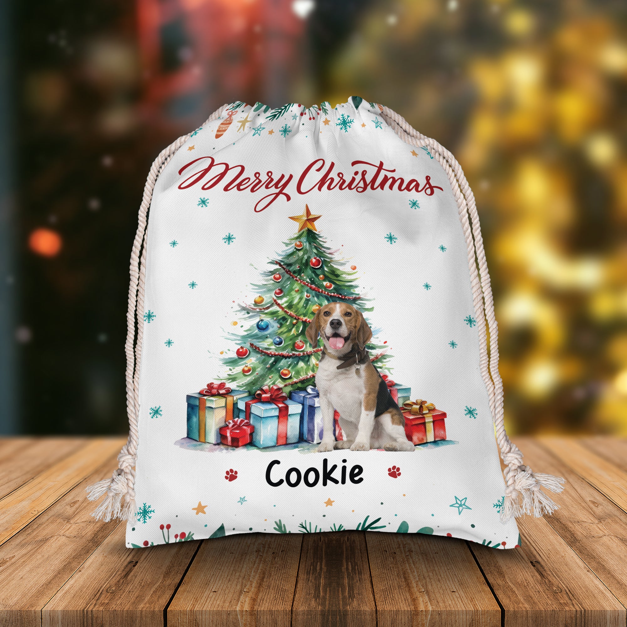 Christmas Tree And Pet - Custom Photo And Name, Personalized String Bag, Christmas Gift