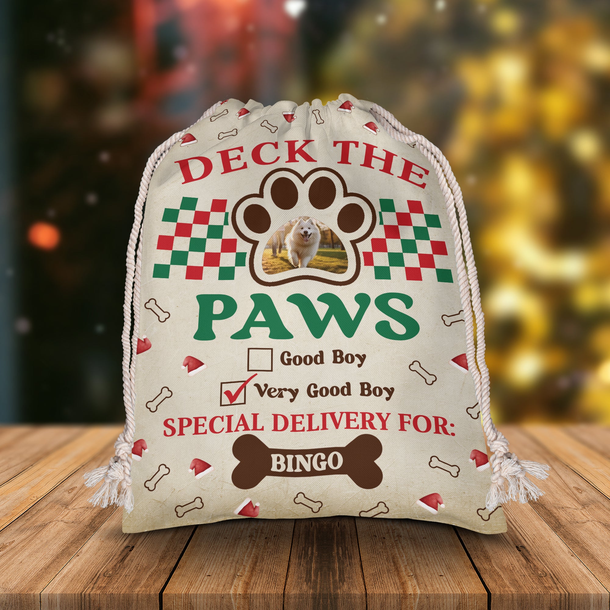 Deck The Paws Delivery For Pet Lovers - Custom Photo And Name, Personalized String Bag, Gift For Pet Lover, Christmas Gift