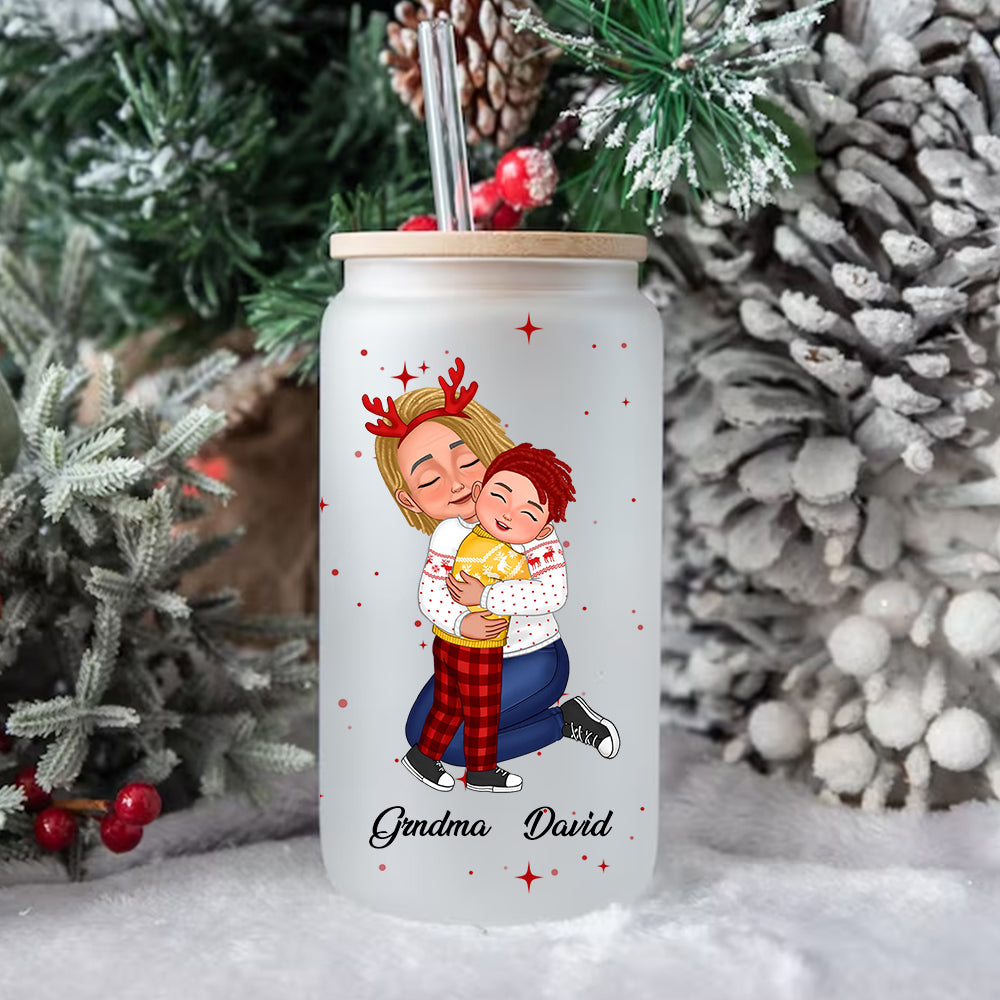 Grandma, Mom Hugging Grandkid, Kid - Custom Appearances And Names - Personalized Glass Bottle, Frosted Bottle, Christmas Gift For Family