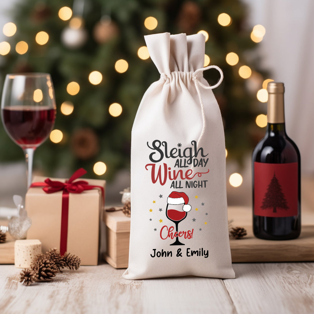 Sleigh All Day Wine All Night - Custom Names, Personalized String Wine Bag, Gift For Pet Lover, Christmas Gift