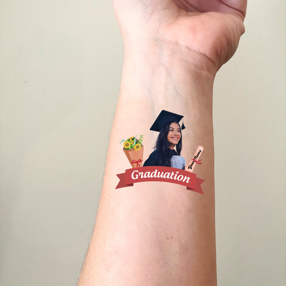 Graduation Flower, Custom Your Photo And Name Temporary Tattoo, Personalized Photo And Name, Fake Tattoo, Graduation Gift