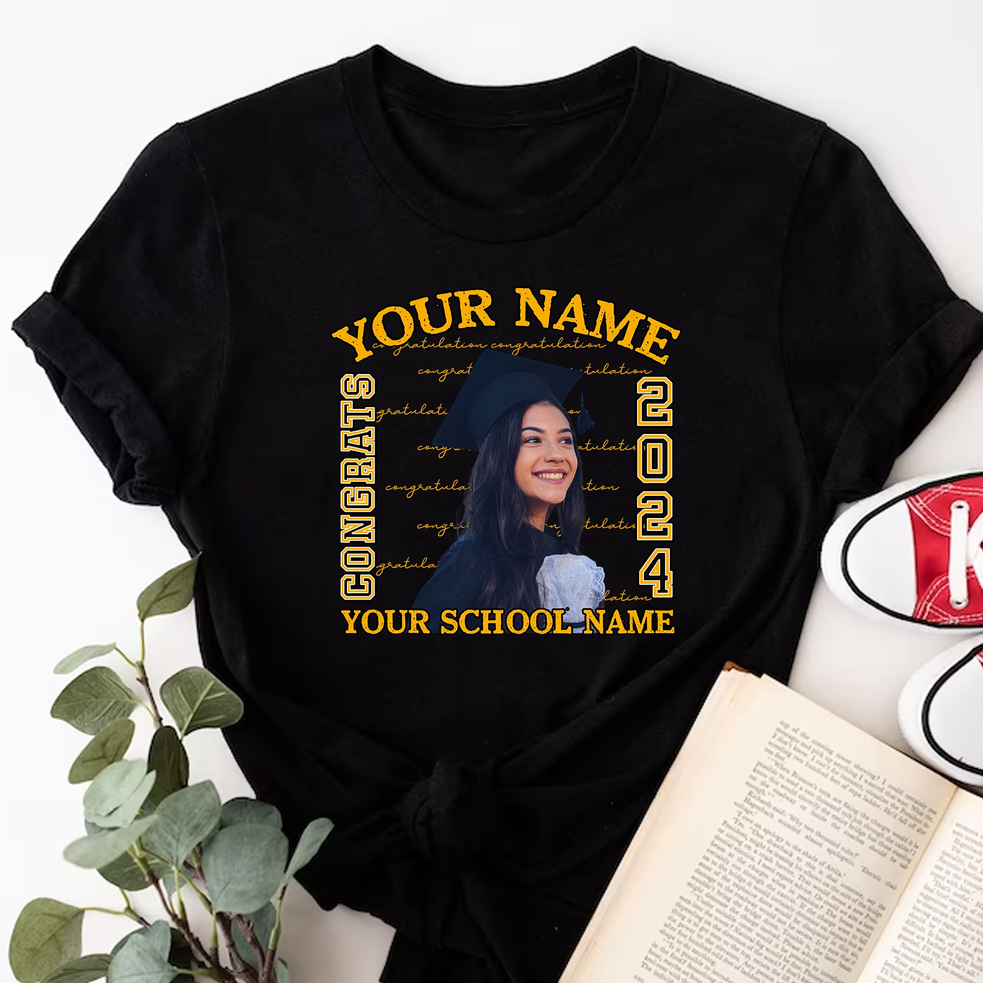 Congrats 2024 Yellow Line, Custom Photo And Texts - Gift For Graduation - Personalized T-Shirt