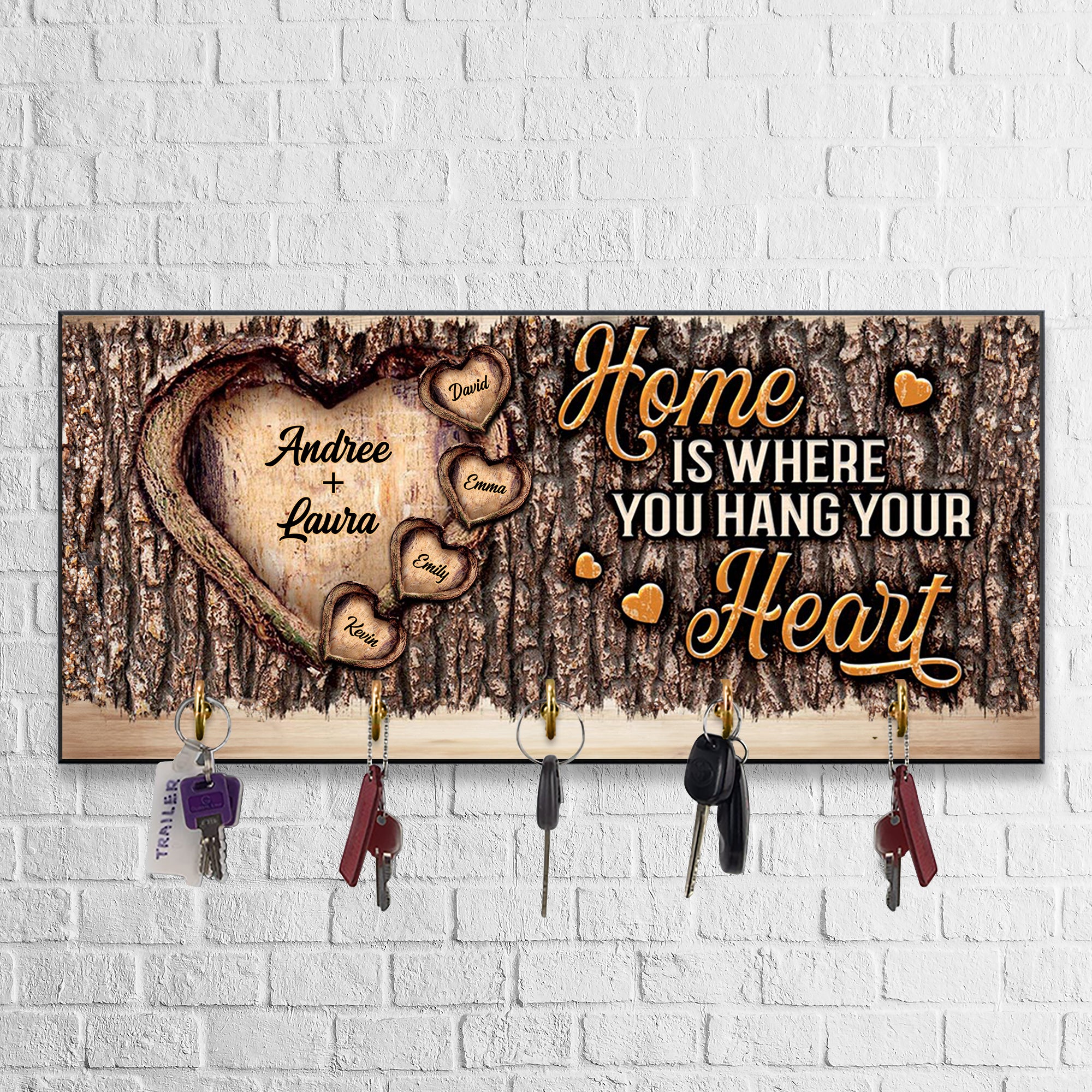 Home Is Where You Hang Your Heart - Custom Names - Personalized Key Hanger, Key Holder -Gift For Family