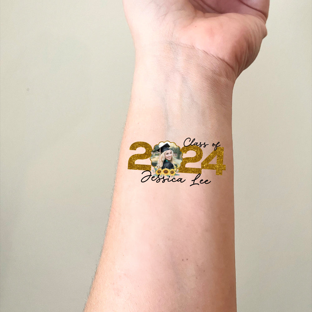 Sunflower Grad Class Of 2024, Custom Photo And Name Temporary Tattoo, Personalized Grad Party Tattoo, Fake Tattoo, Graduation Gift