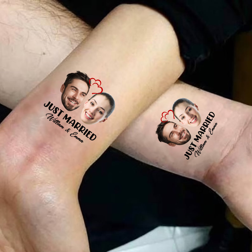 Just Married Tattoo, Custom Face Photo And Texts Temporary Tattoo, Personalized Party Tattoo, Fake Tattoo