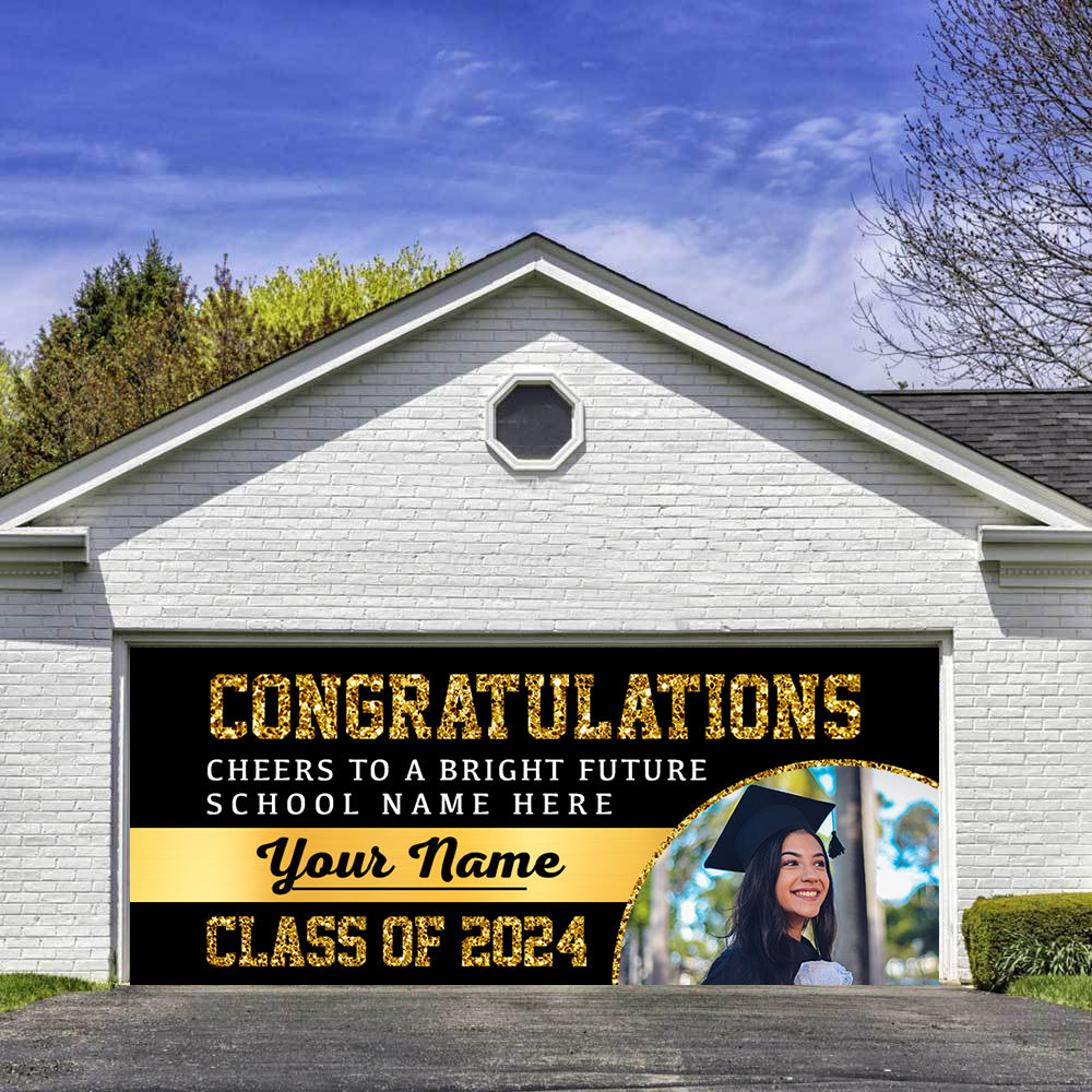 Congratulation Cheers To A Bright Future Class Of 2024 - Personalized Photo, Your Name And School Name Single Garage, Garage Door Banner Covers - Banner Decorations