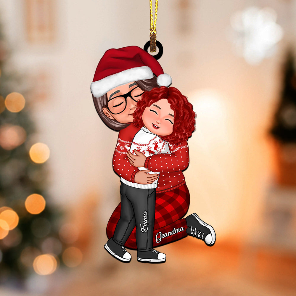 Grandma, Mom Hugging Grandkid, Kid - Custom Appearances And Names - Personalized Acrylic Ornament- Christmas Gift For Family