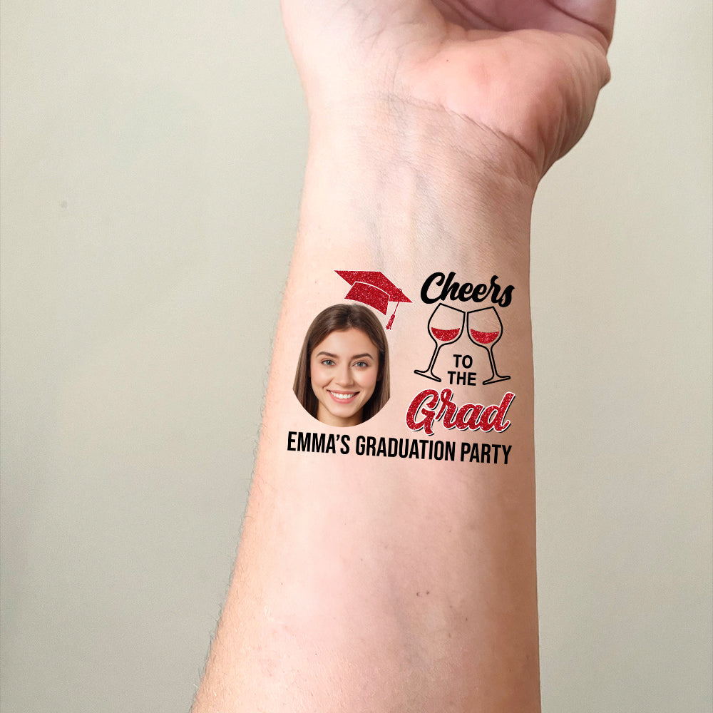 Cheers To Grad Graduation Party, Custom Temporary Tattoo, Personalized Photo And Name, Fake Tattoo, Graduation Gift