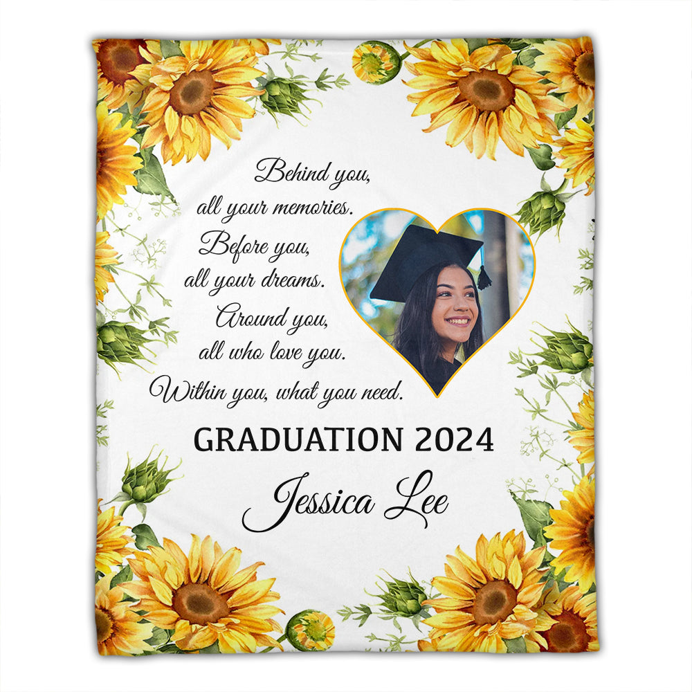 Behind You All Your Memories Within You, What You Need, Personalized Photo And Texts - Personalized Fleece Blanket, Graduation Gift