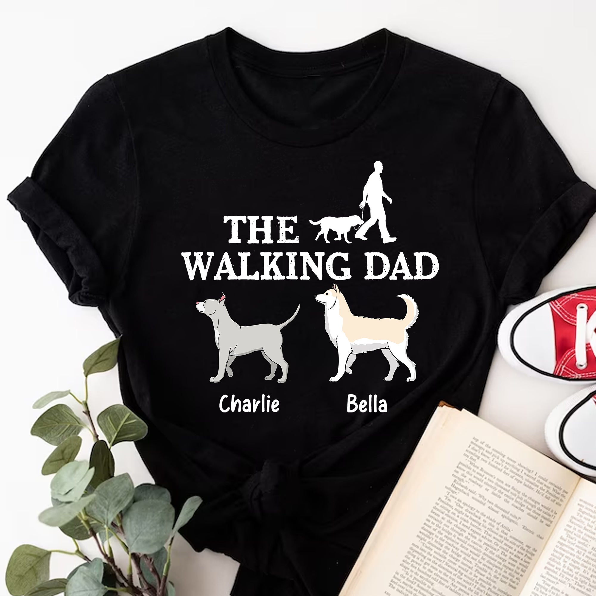 The Walking Dad Mom - Custom Dogs & Names - Personalized T-Shirt - Family Gift, Pet Lover Gift