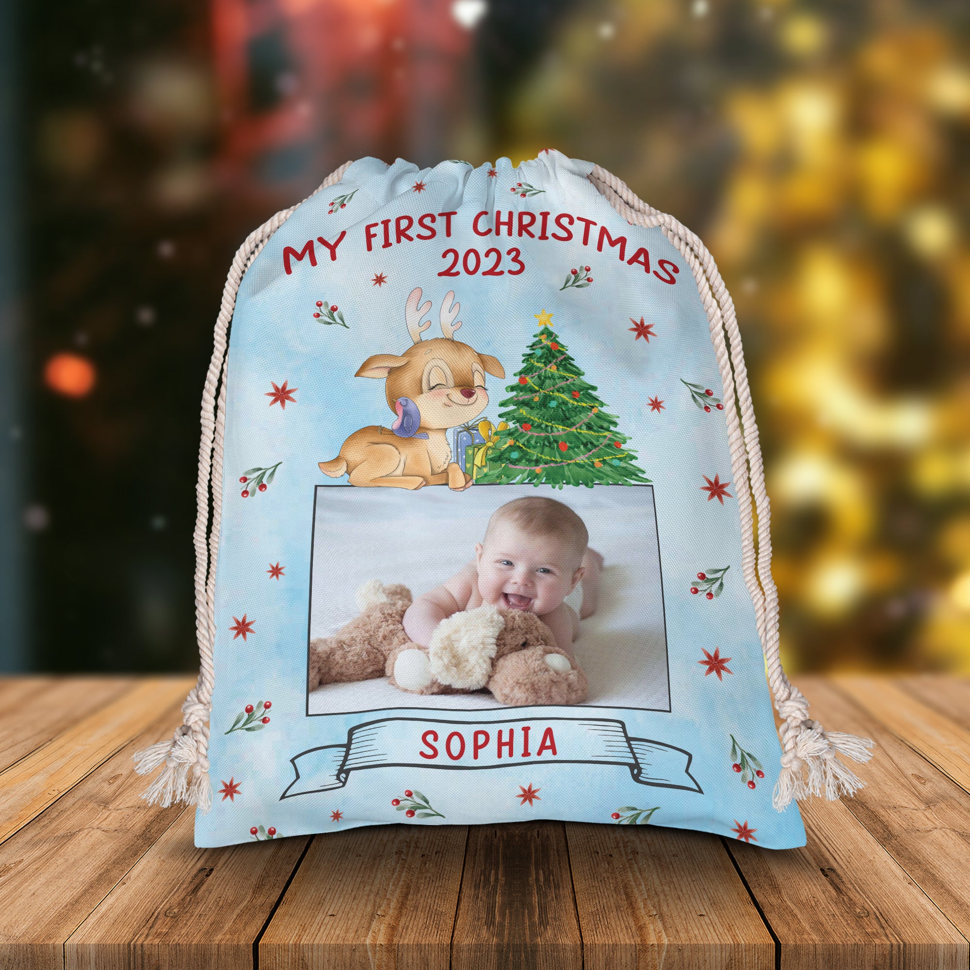 Baby First Christmas - Custom Photo And Name, Personalized String Bag, Gift For Family, Christmas Gift