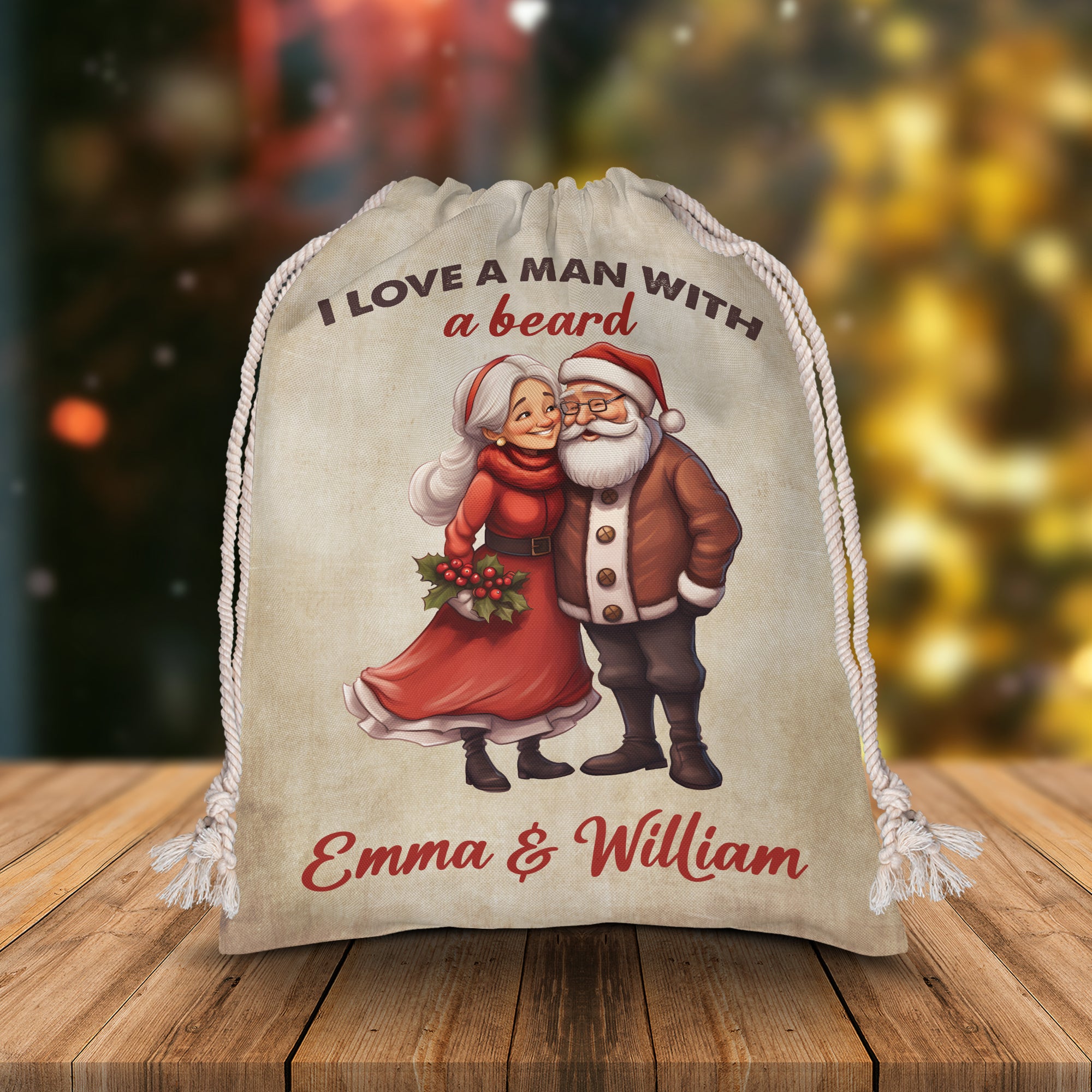 I Love A Man With A Beard - Custom Name, Personalized String Bag, Christmas Gift
