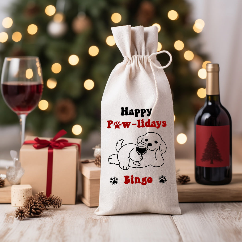 Happy Pawlidays - Custom Dog Name, Personalized String Wine Bag, Christmas Gift, Gift For Pet Lover