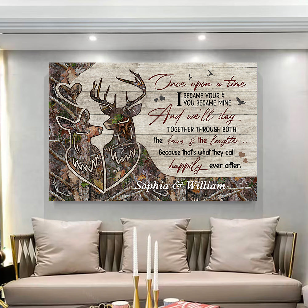 Deer Couple Camo Once Upon A Time - Happily Ever After - Personalized Canvas, Halloween Gift, Gift For Family, Couple