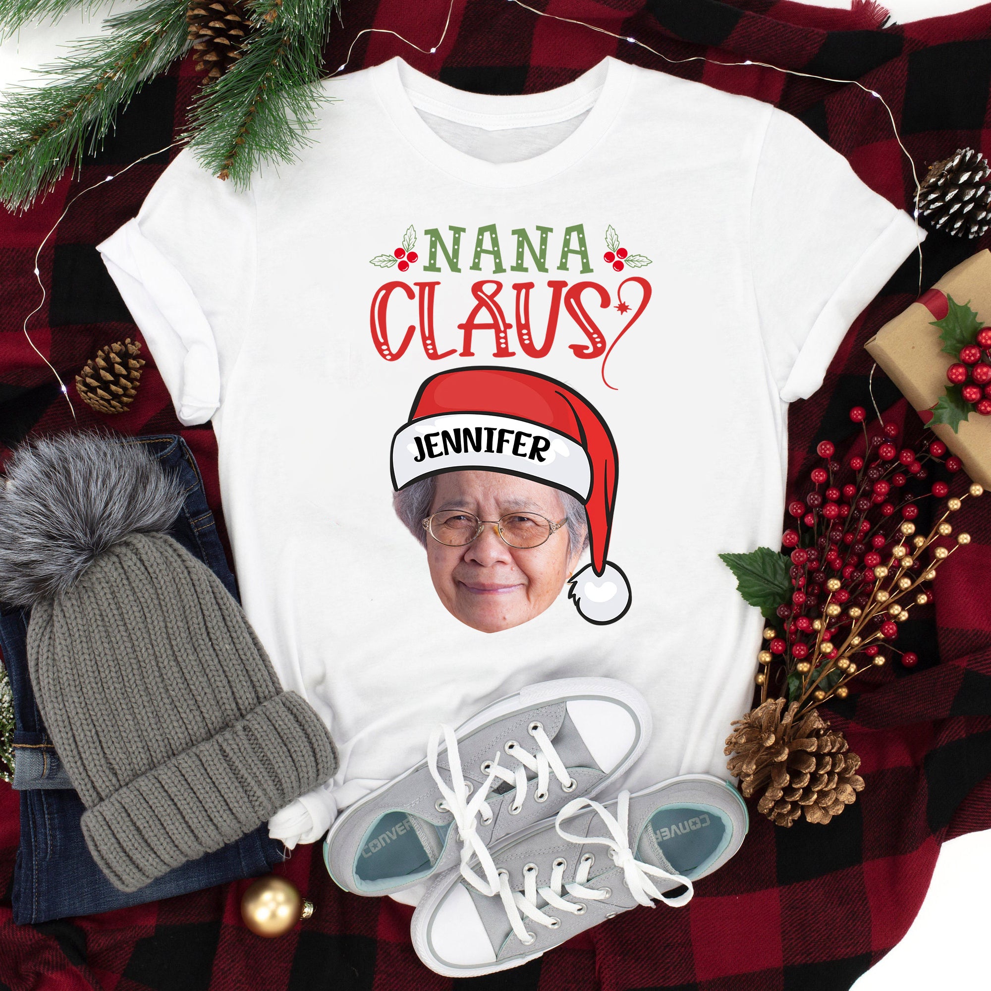 Grandma Nana Claus - Custom Face Photo - Personalized T-Shirt - Gift For Christmas, Xmas Gift