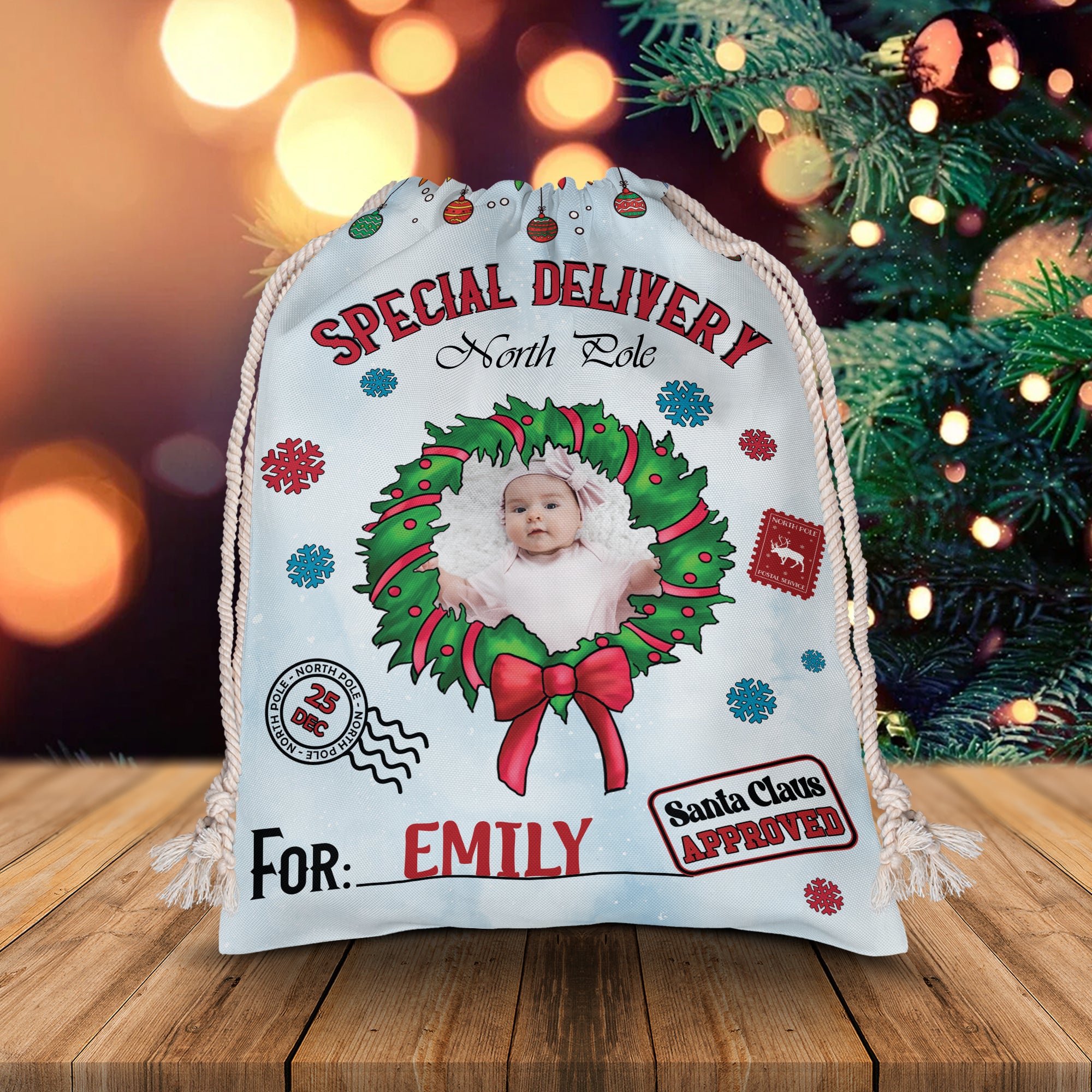 Merry Christmas Special Delivery North Pole For Kid - Custom Photo And Name, Personalized String Bag, Gift For Family, Christmas Gift