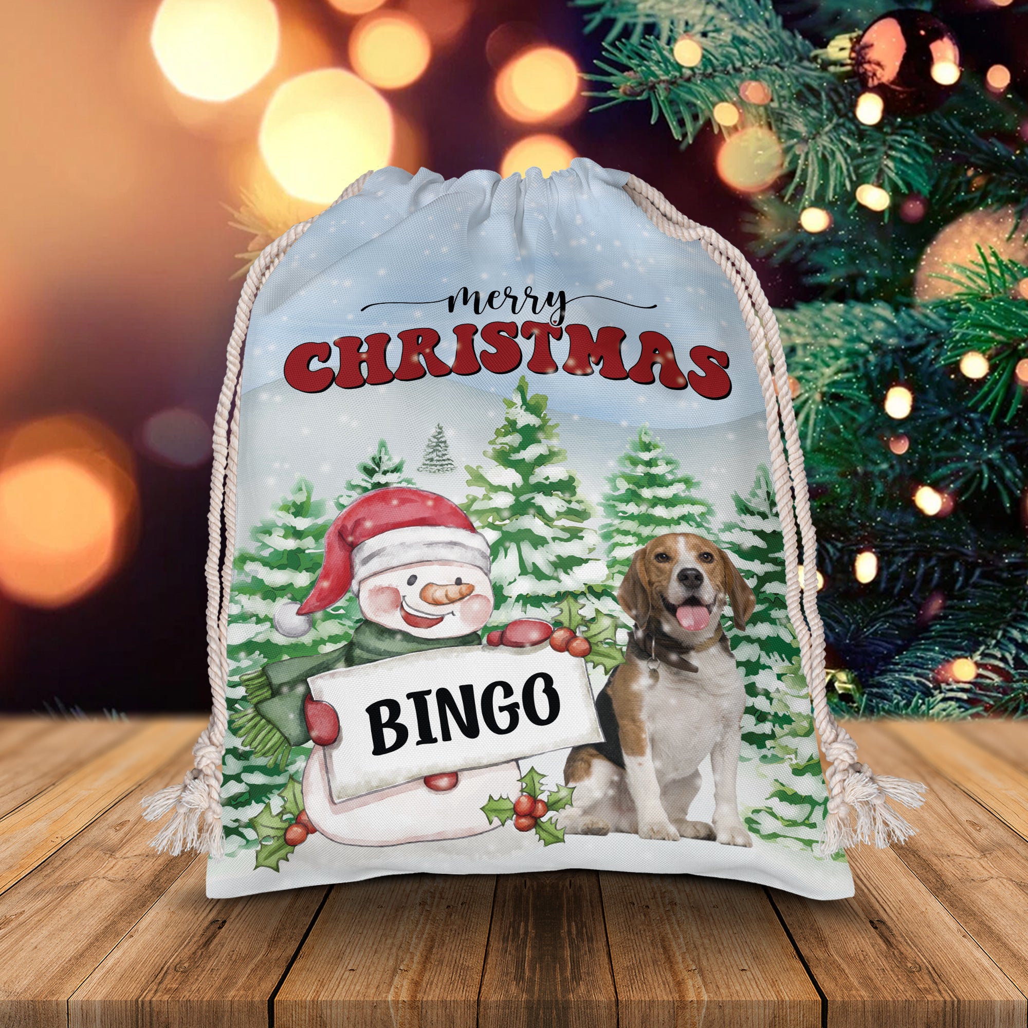 Merry Christmas Pet And Snowman - Personalized String Bag, Christmas Gift, Gift For Pet Lover