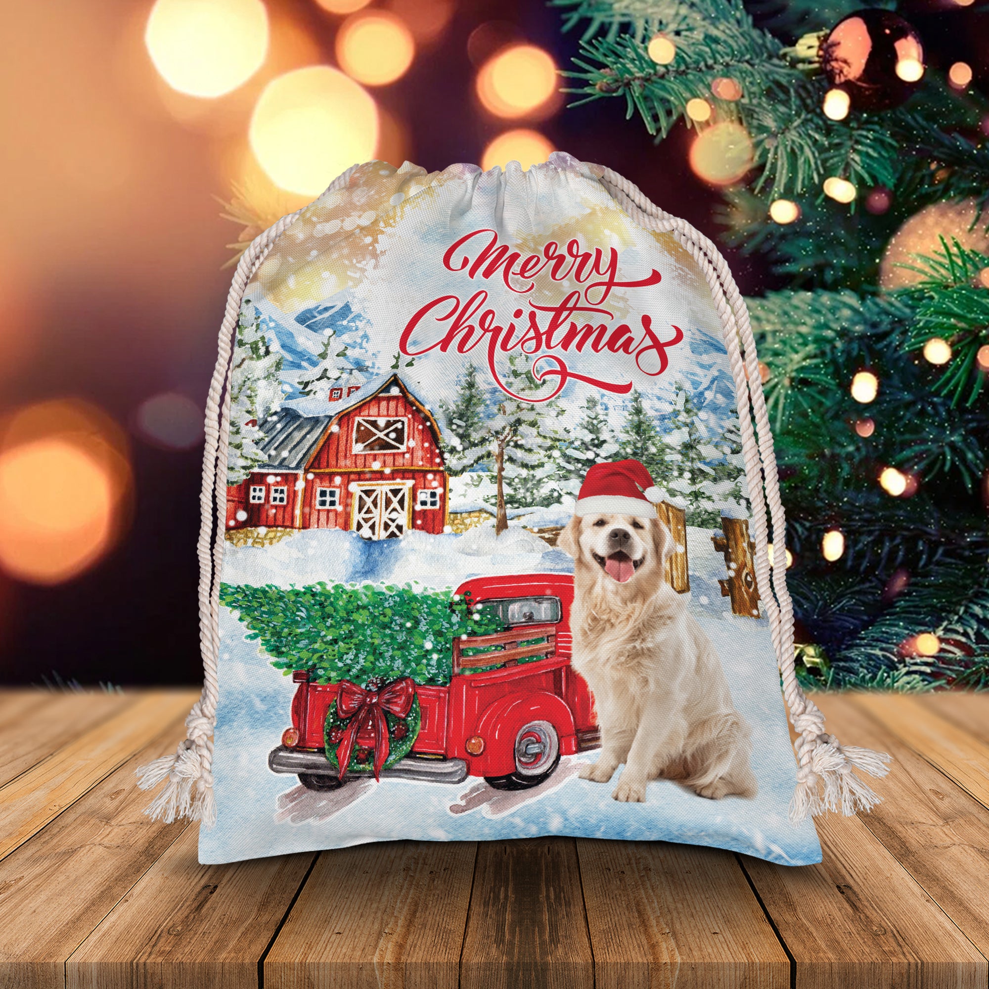 Merry Christmas Pet With Red Car - Custom Photo, Personalized String Bag, Gift For Pet Lover, Christmas Gift