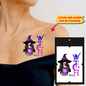 Witch And Ball, Custom Face Photo And Texts Temporary Tattoo, Personalized Tattoo, Fake Tattoo