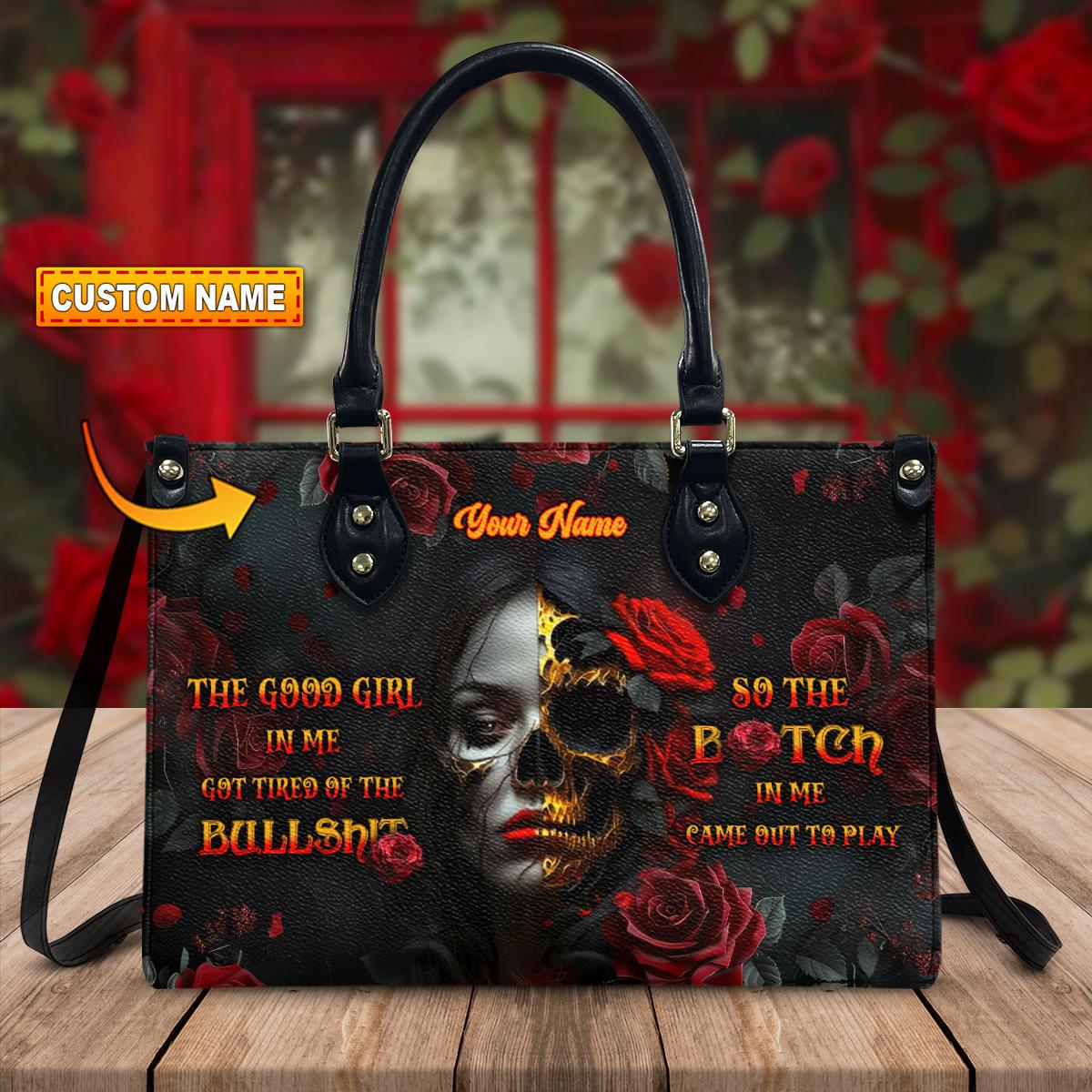 Custom Name Handbag, Skull Lady Evil Personalized Leather Handbag