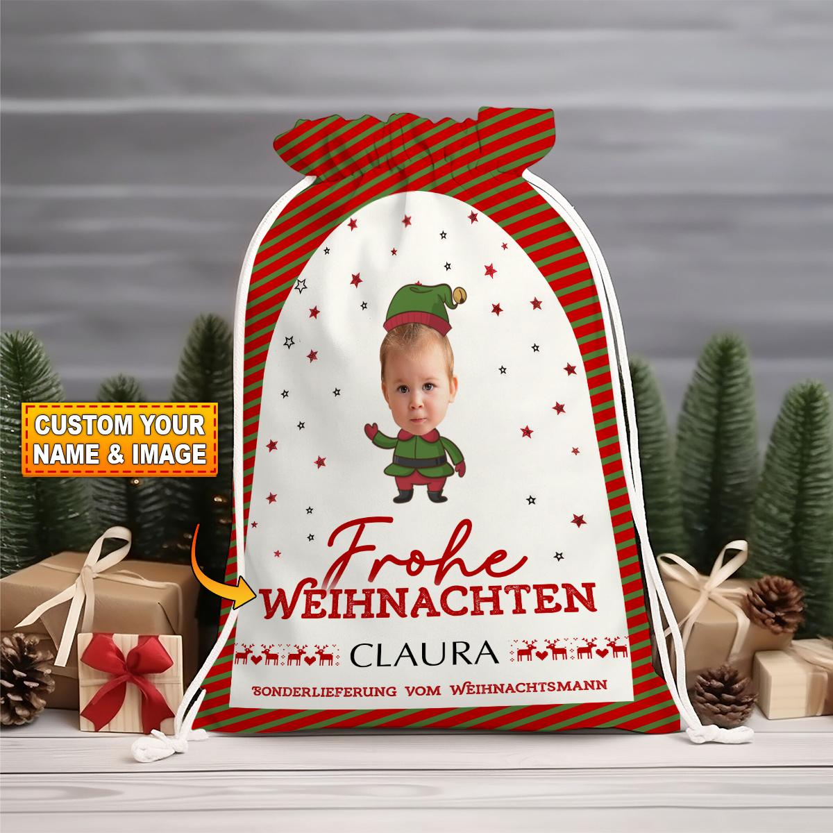 Frohe Weihnachten Custom Photo And Text, Personalized String Bag, Christmas Gift