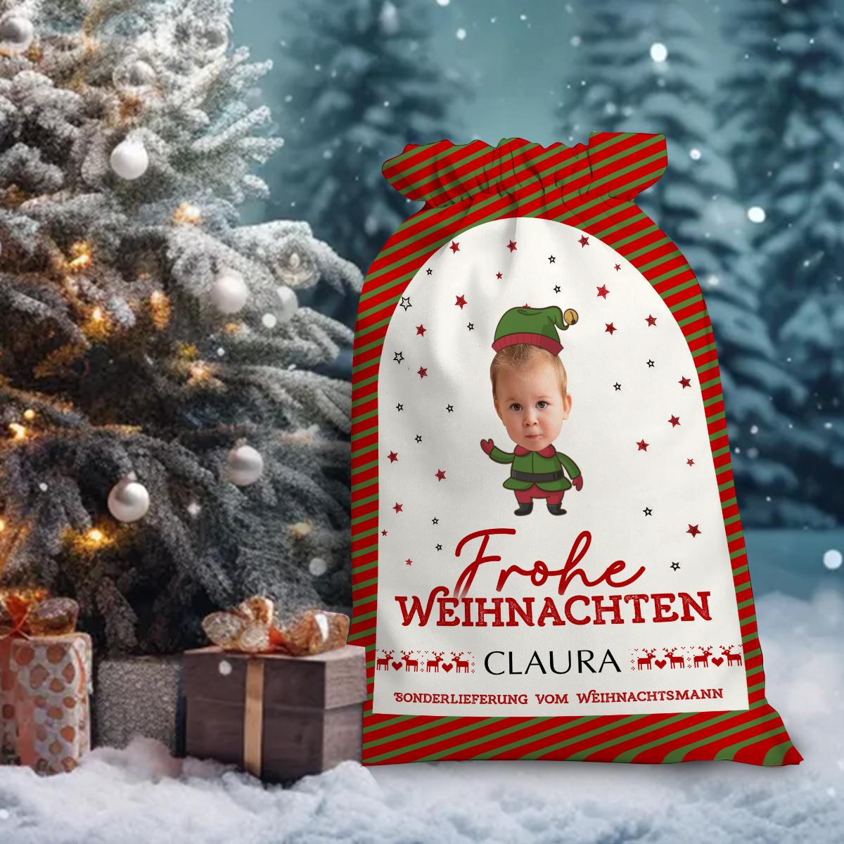 Frohe Weihnachten Custom Photo And Text, Personalized String Bag, Christmas Gift